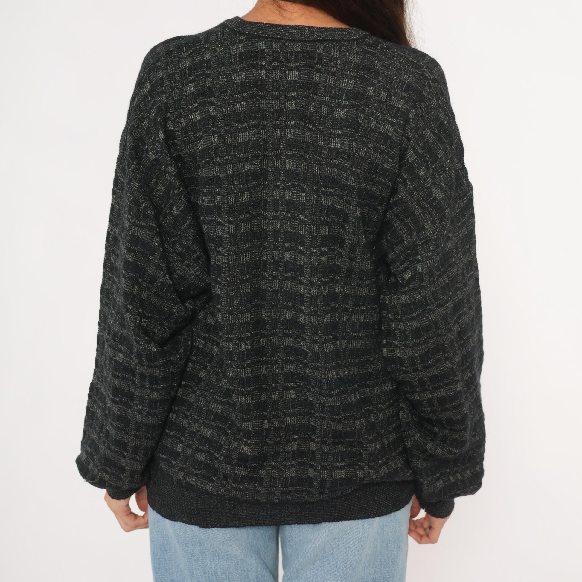 90s Tricots St Raphael Charcoal V-Neck Wool Sweater Checkerboard Knit Extra Large XL