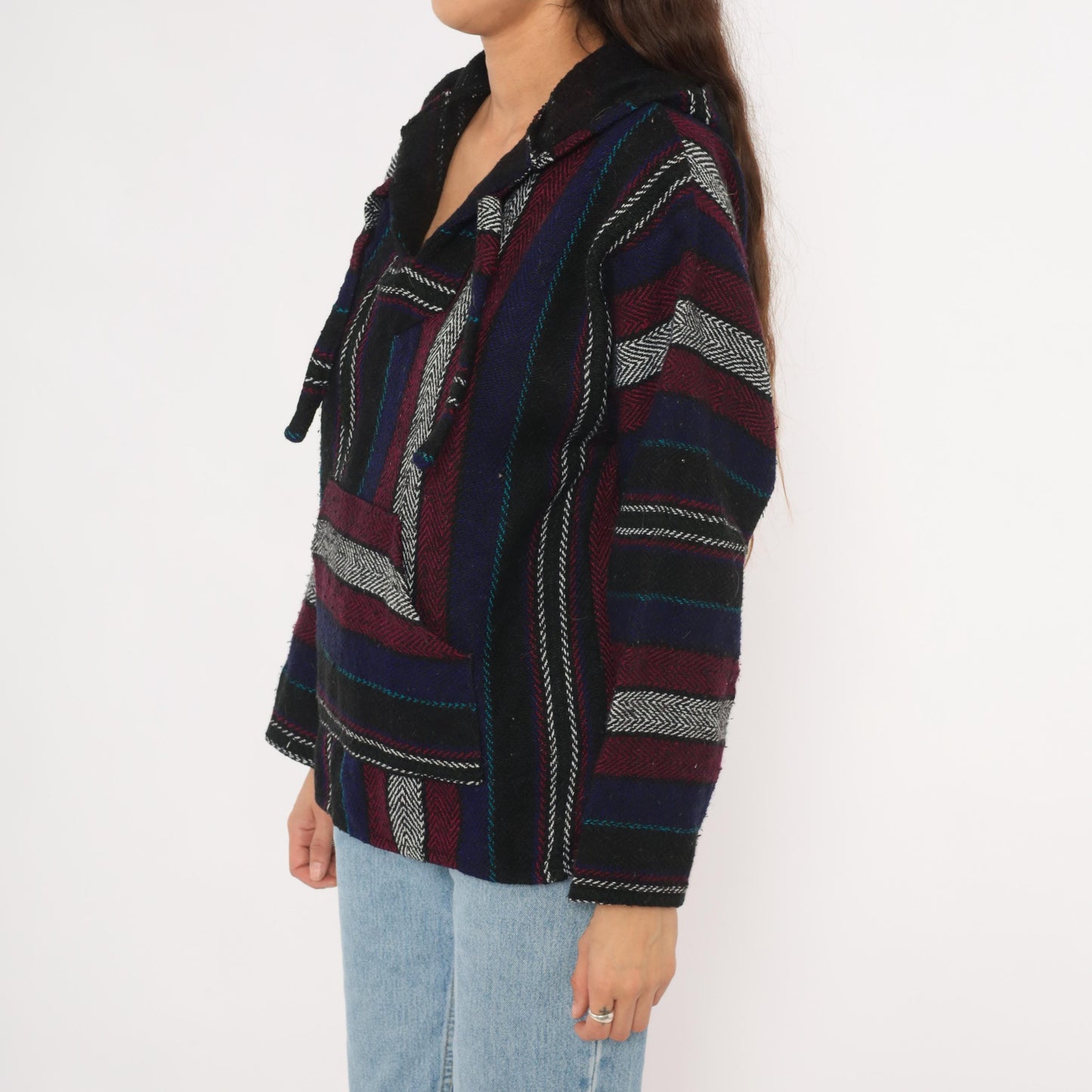 90s Baja Hoodie Striped Navy Burgundy Black Herringbone Weave Small S