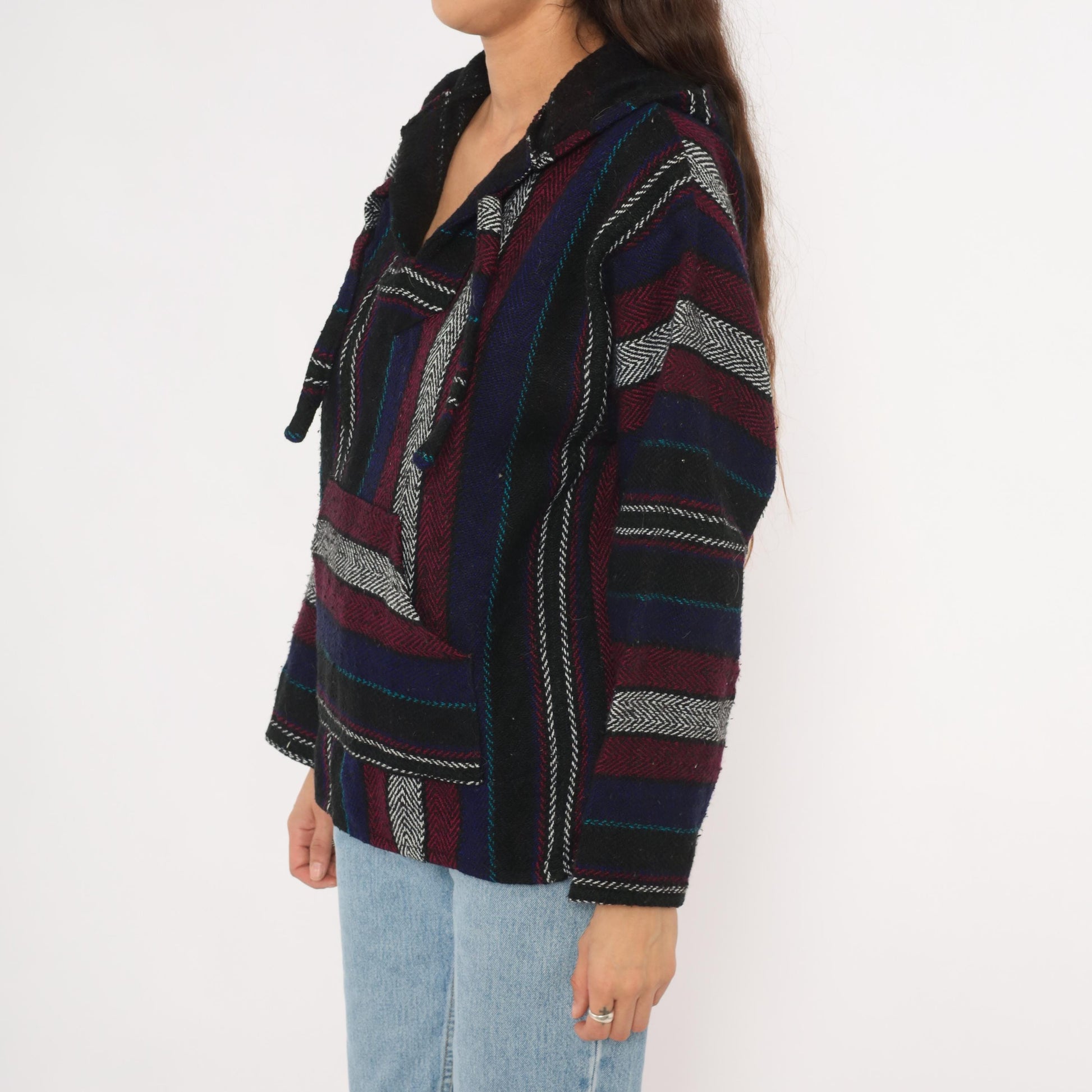 90s Baja Hoodie Striped Navy Burgundy Black Herringbone Weave Small S