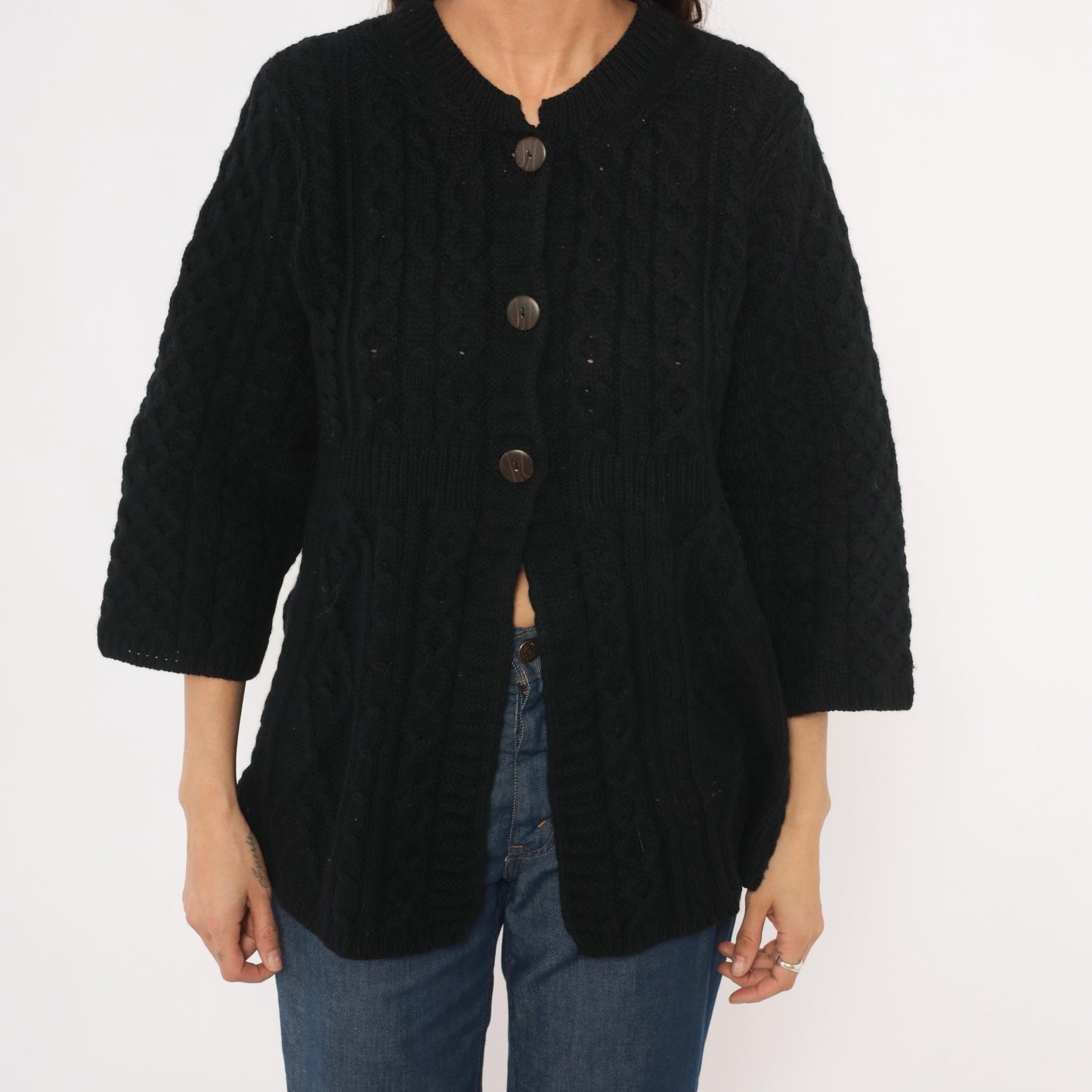 90s Kilronan Knitwear Black Cable Knit Cardigan Wool Crew Neck Medium M
