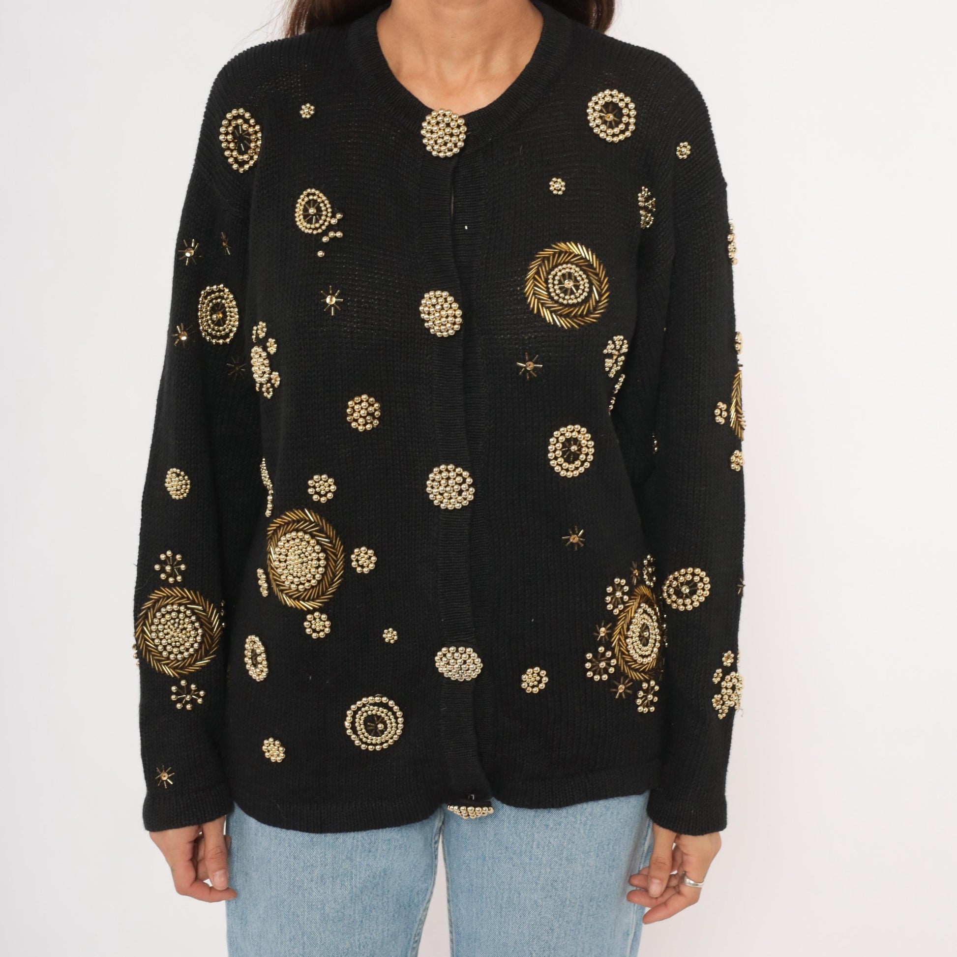 90s Fitting Image Black Cardigan Gold Beaded Medallion Embroidery Extra Large XL