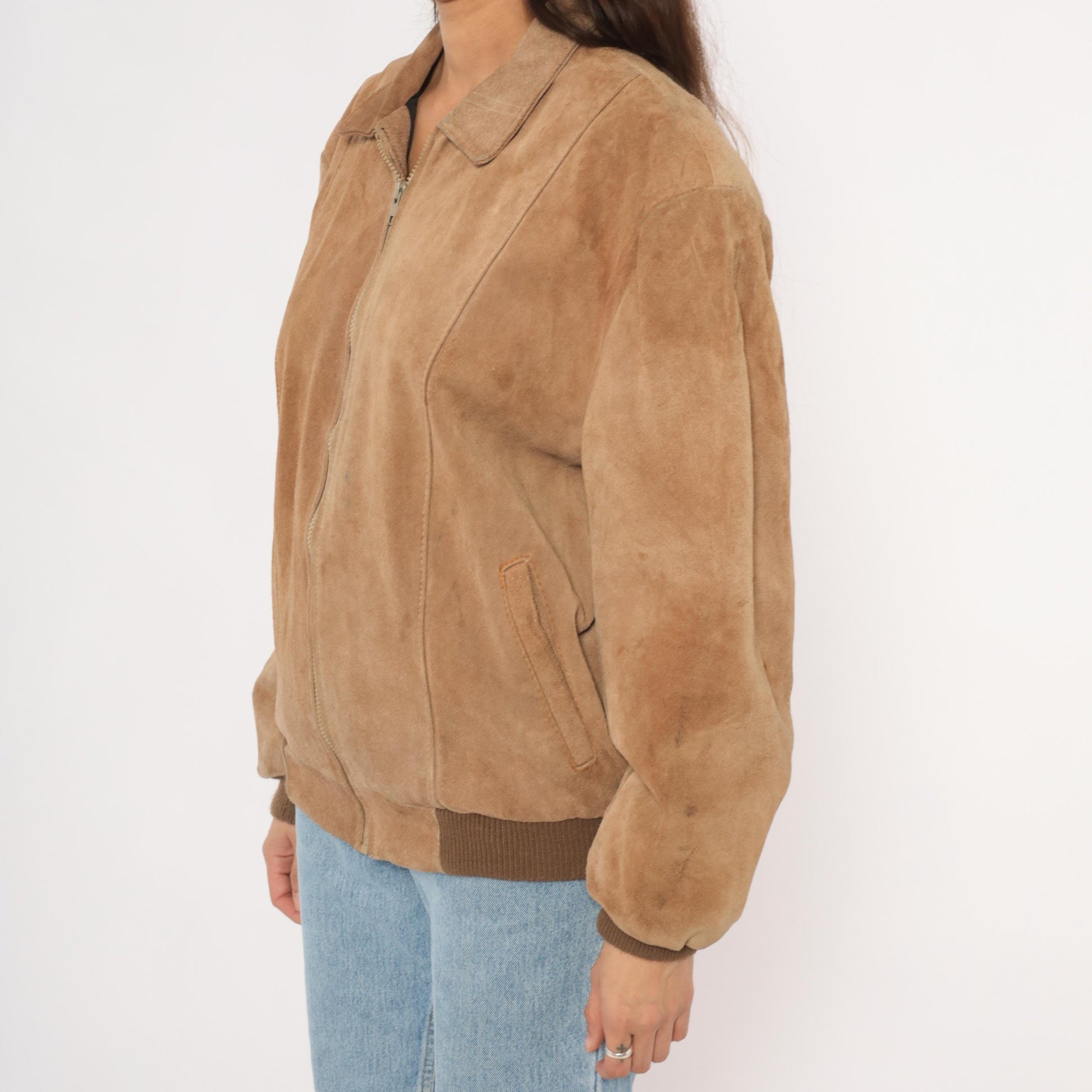 80s Tan Suede Bomber Jacket Zip Front Pointed Collar Ribbed Cuff Medium