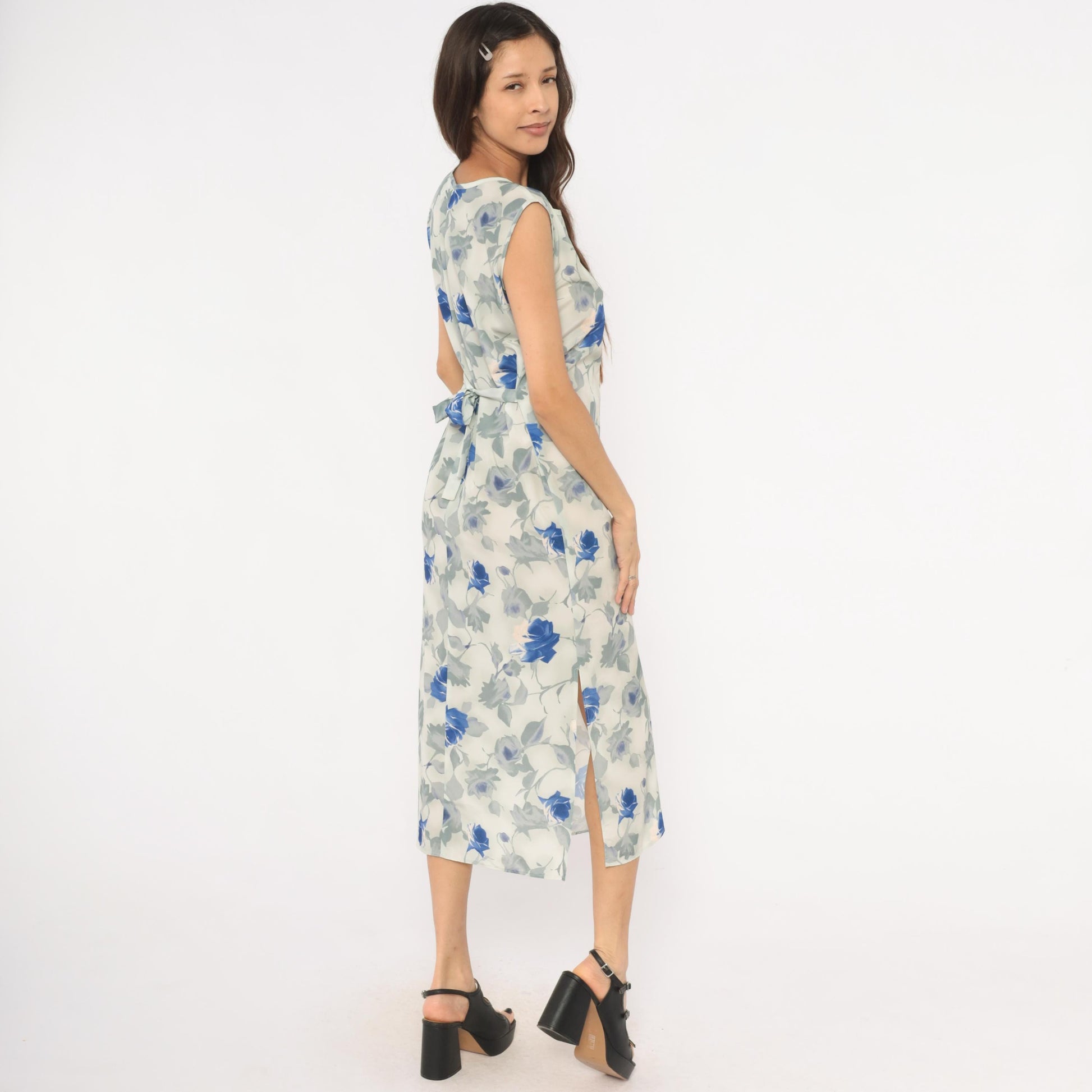 90s Steps Blue Rose Watercolor Midi Dress Ivory Chiffon Cap Sleeve Small S