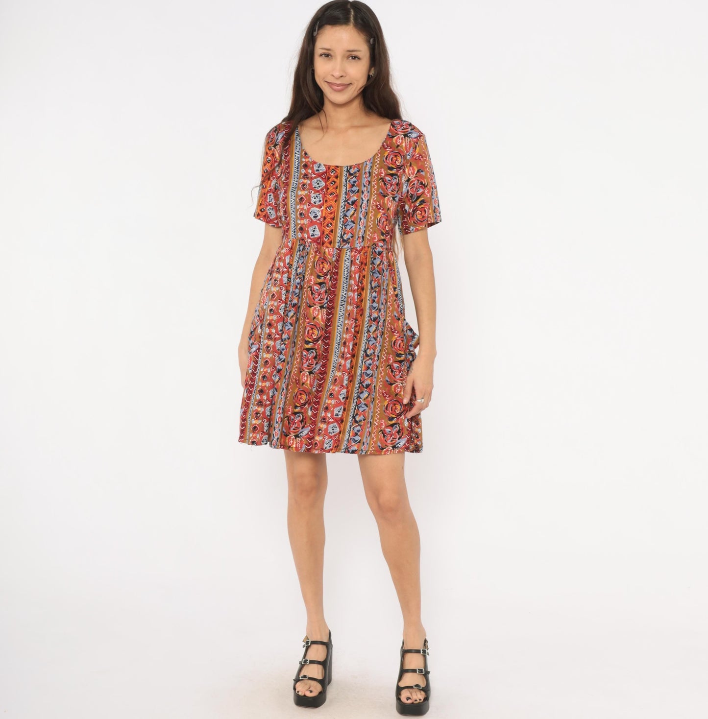 90s Pellini Babydoll Mini Dress Tribal Floral Stripe Rust Blue Small
