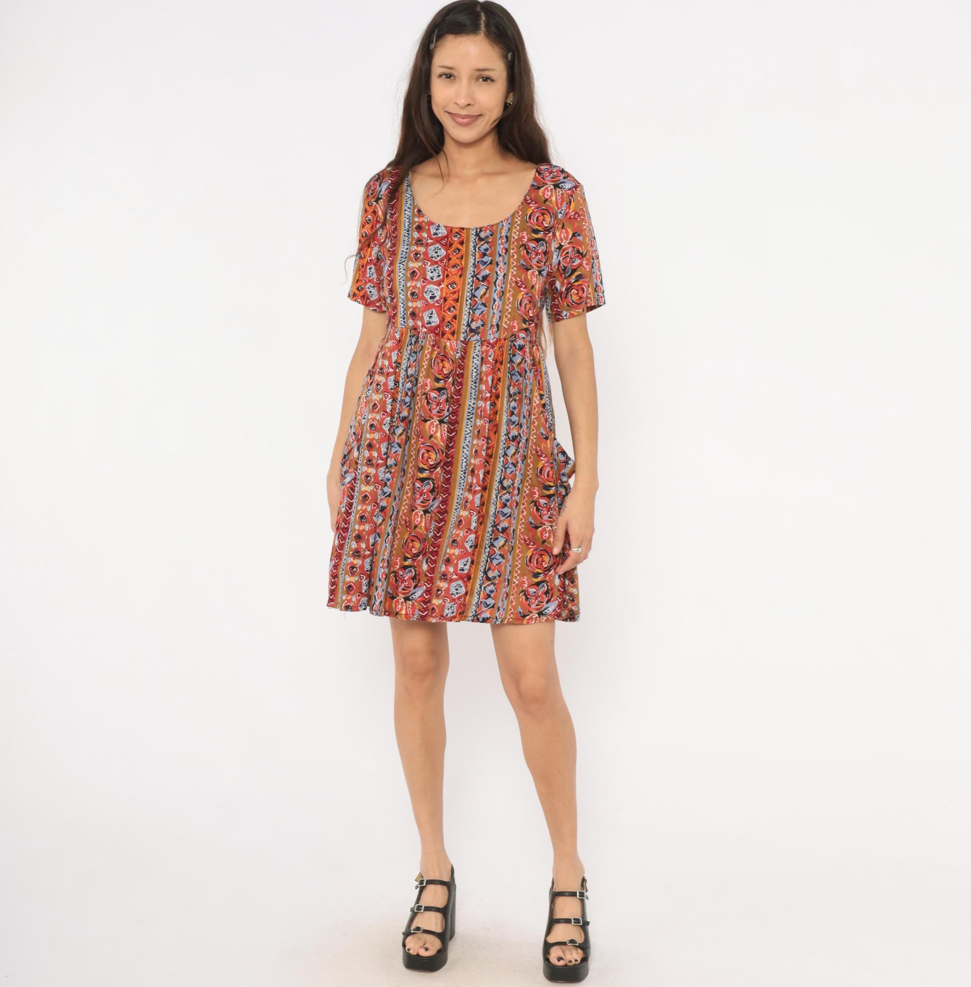 90s Pellini Babydoll Mini Dress Tribal Floral Stripe Rust Blue Small