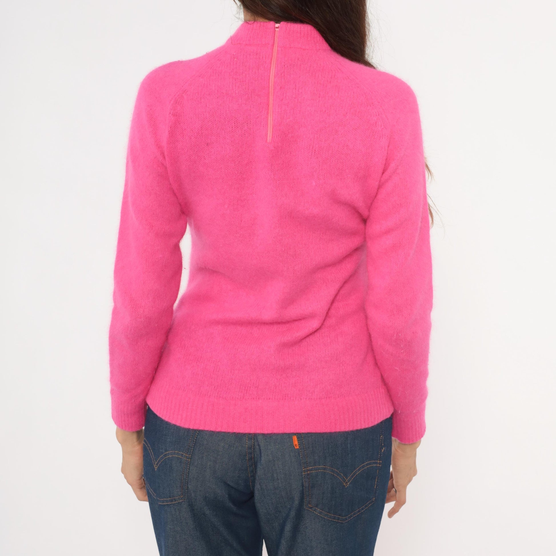 70s Hot Pink Mock Neck Sweater Lambswool Angora Fitted Raglan Small S