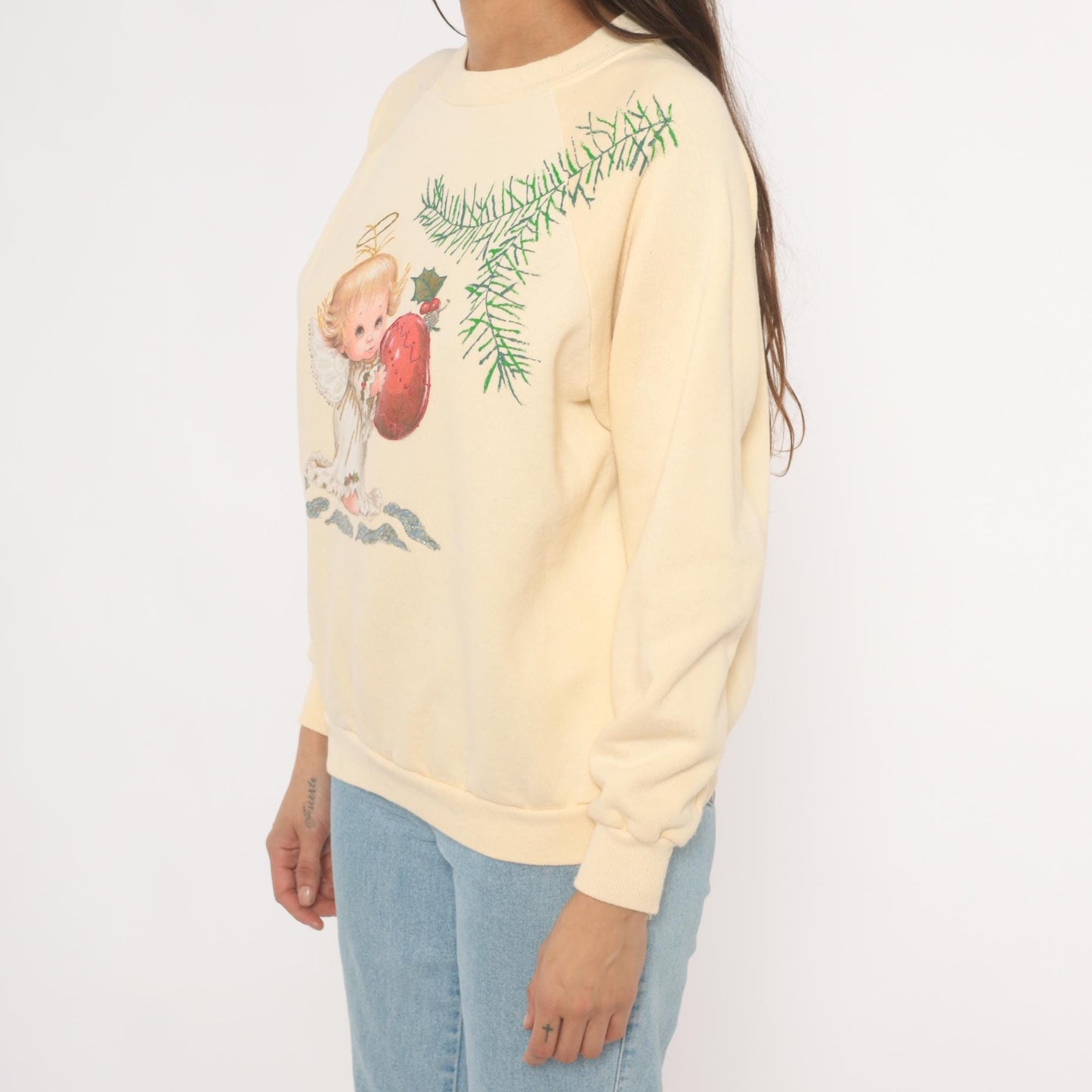 90s Hanes Her Way Christmas Angel Sweatshirt Cream Raglan Graphic Large L