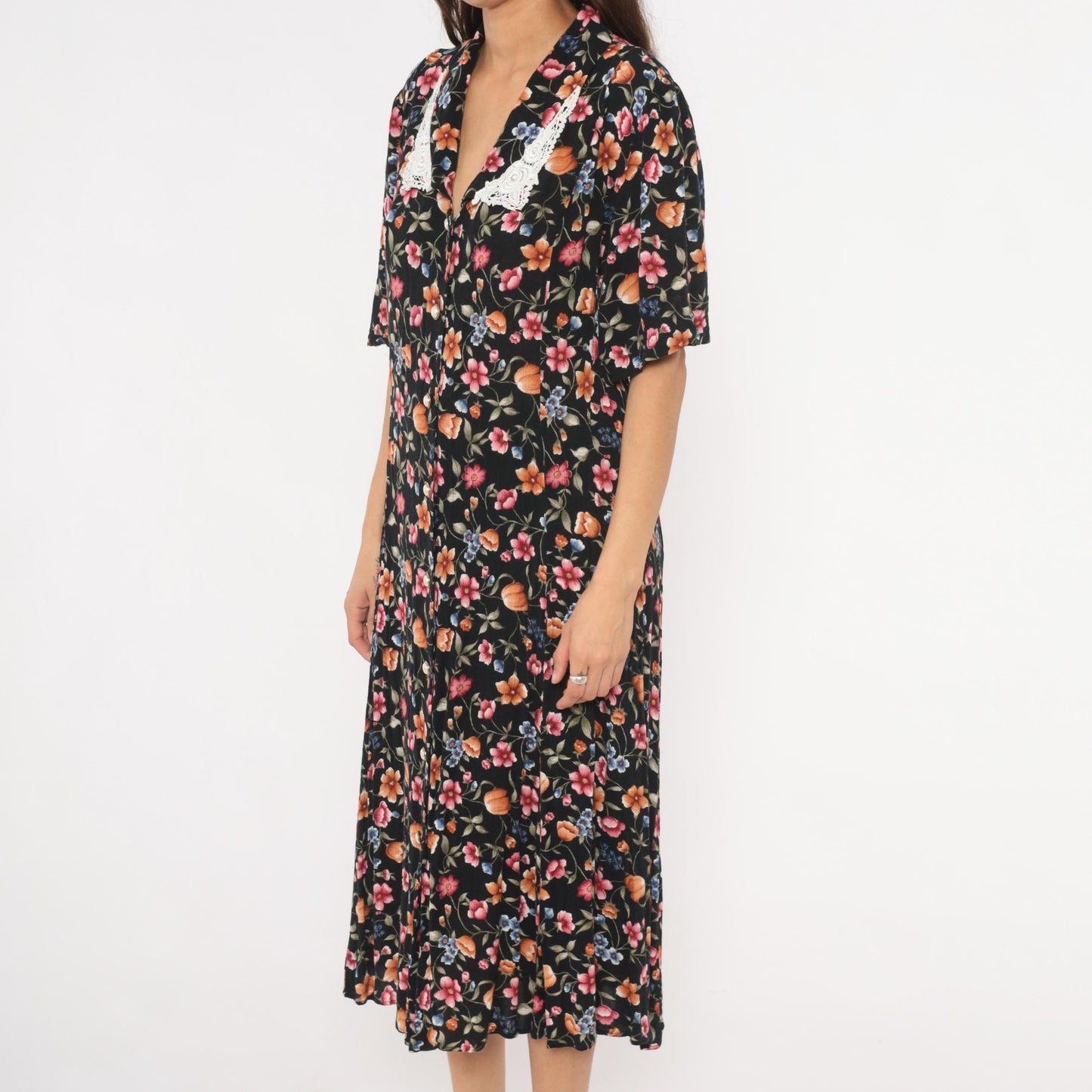 90s Basia Floral Midi Dress Black Lace Collar Pearl Buttons Medium