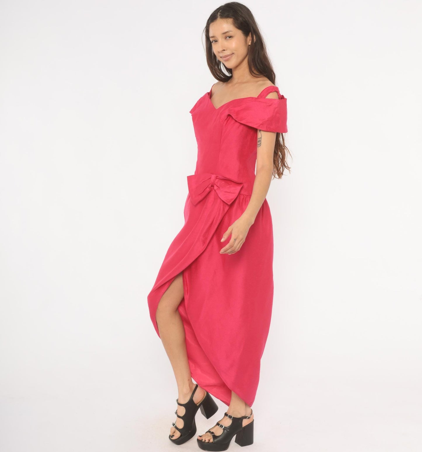 80s Hot Pink Off-Shoulder Maxi Gown Sweetheart Neckline Bow Tulip Skirt Large L