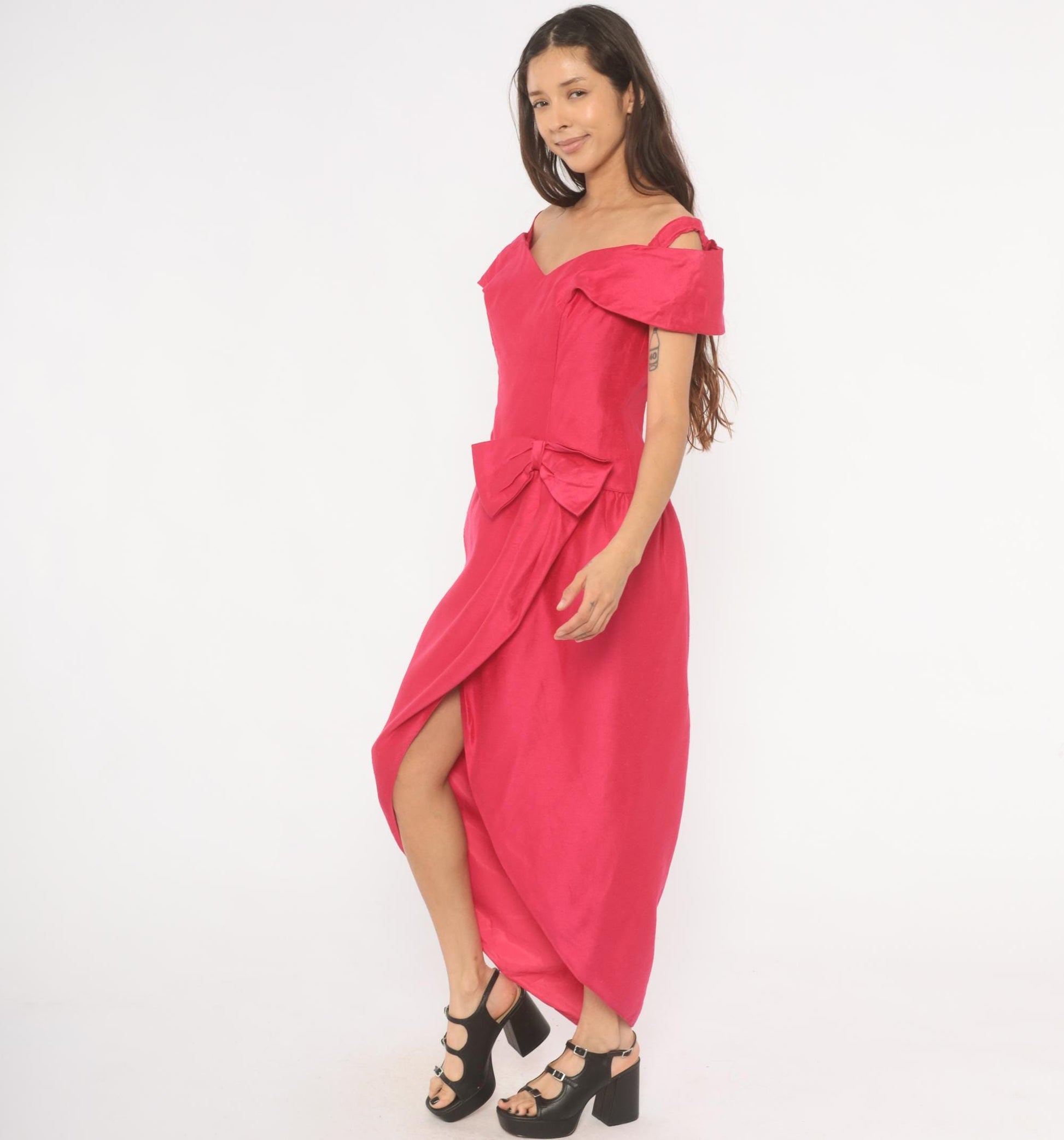 80s Hot Pink Off-Shoulder Maxi Gown Sweetheart Neckline Bow Tulip Skirt Large L