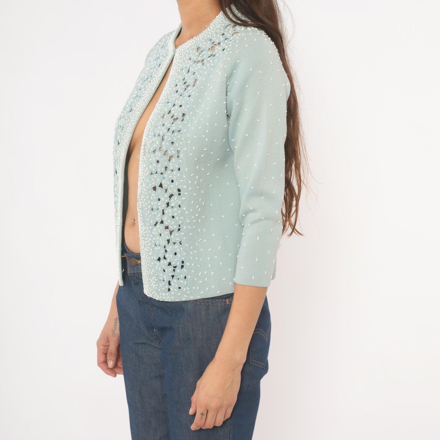 80s Miss Boutique Baby Blue Beaded Cardigan Cutwork Floral Knit Small