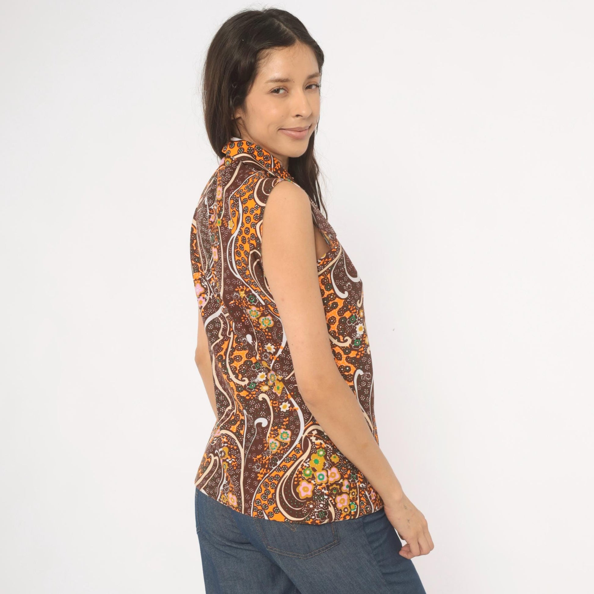 70s Psychedelic Paisley Sleeveless Blouse Brown Orange Floral Swirl Medium M