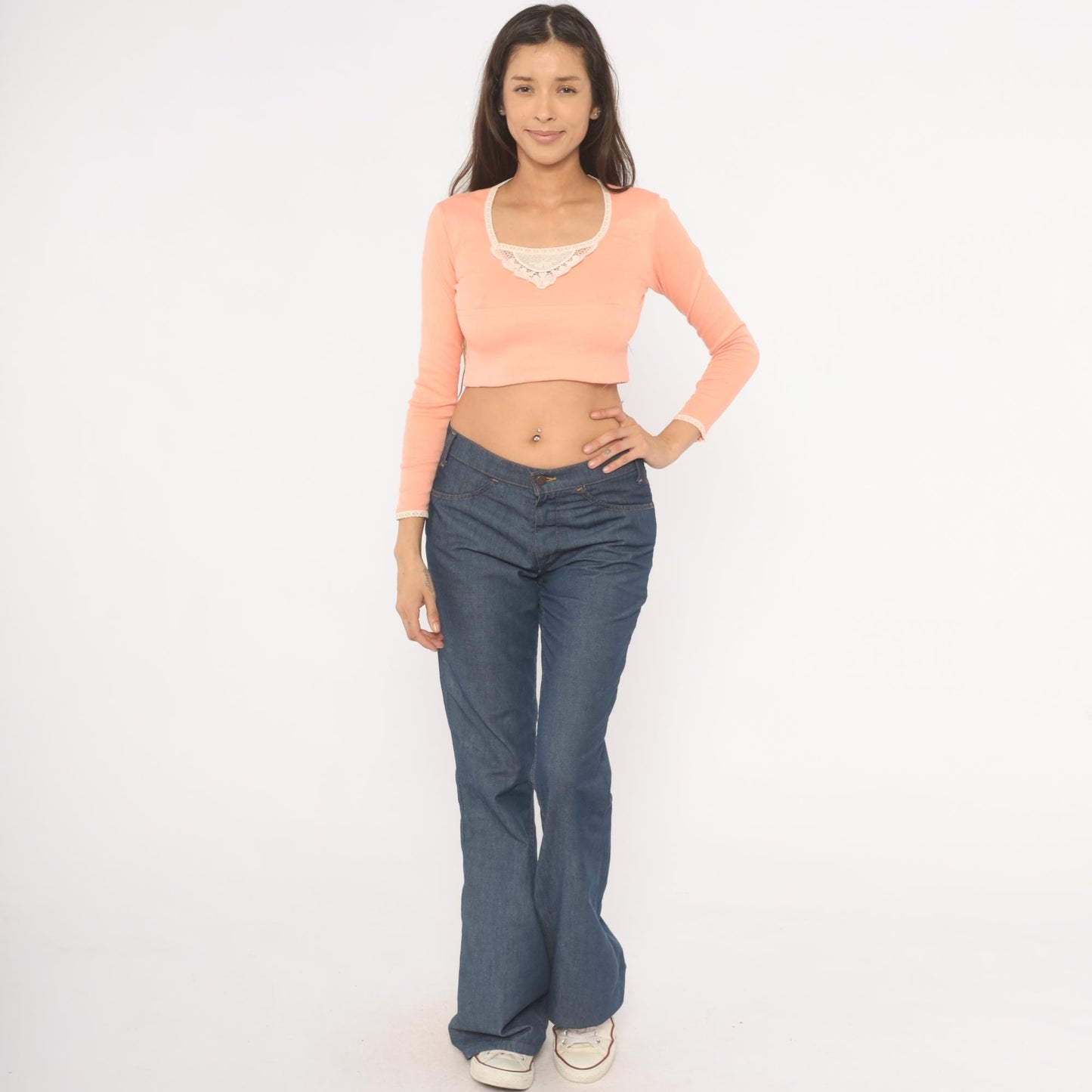 70s Peach Crop Top Long Sleeve Lace Trim Cotton Blend Salmon Bralette XS