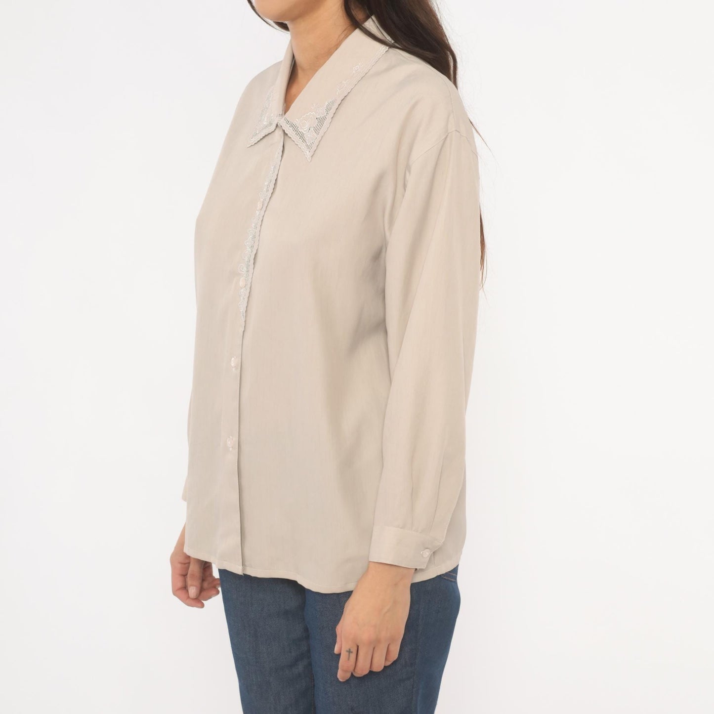 2000s Cream Lace Collar Cotton Blouse Floral Embroidery Long Sleeve Medium M