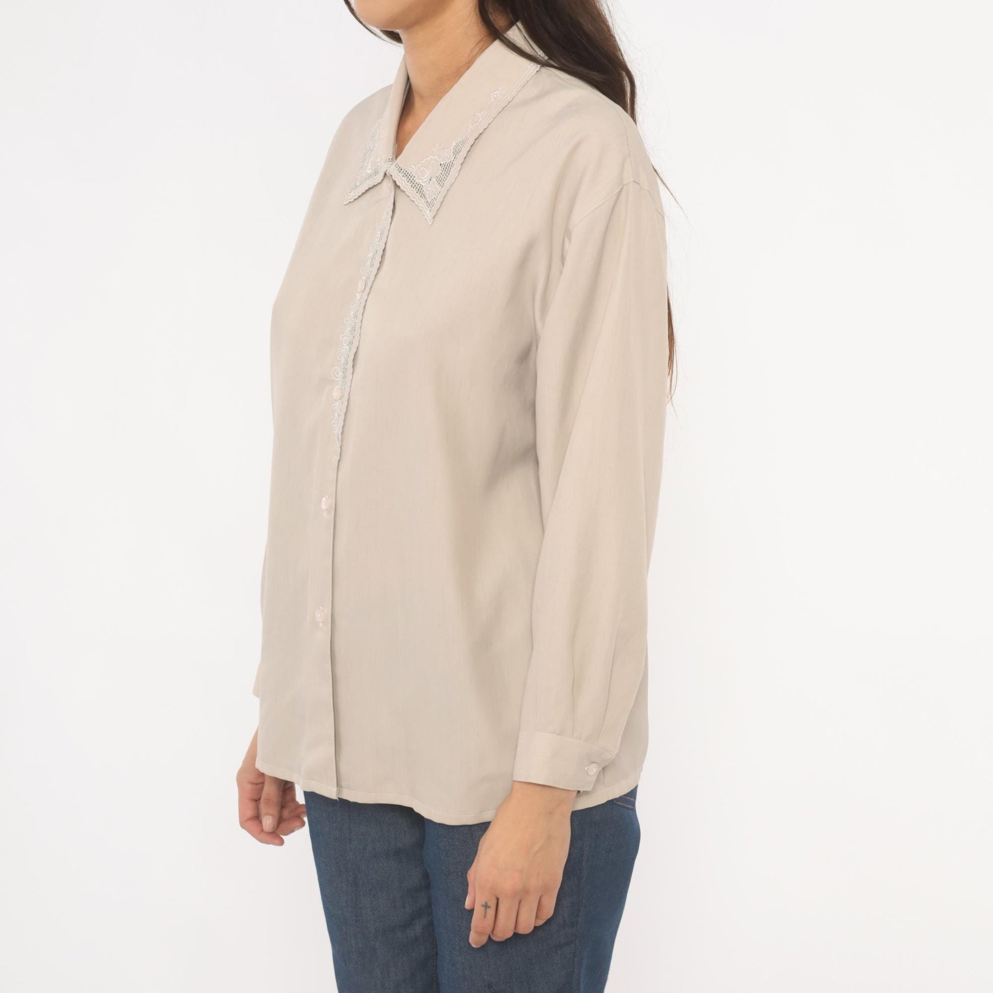 2000s Cream Lace Collar Cotton Blouse Floral Embroidery Long Sleeve Medium M