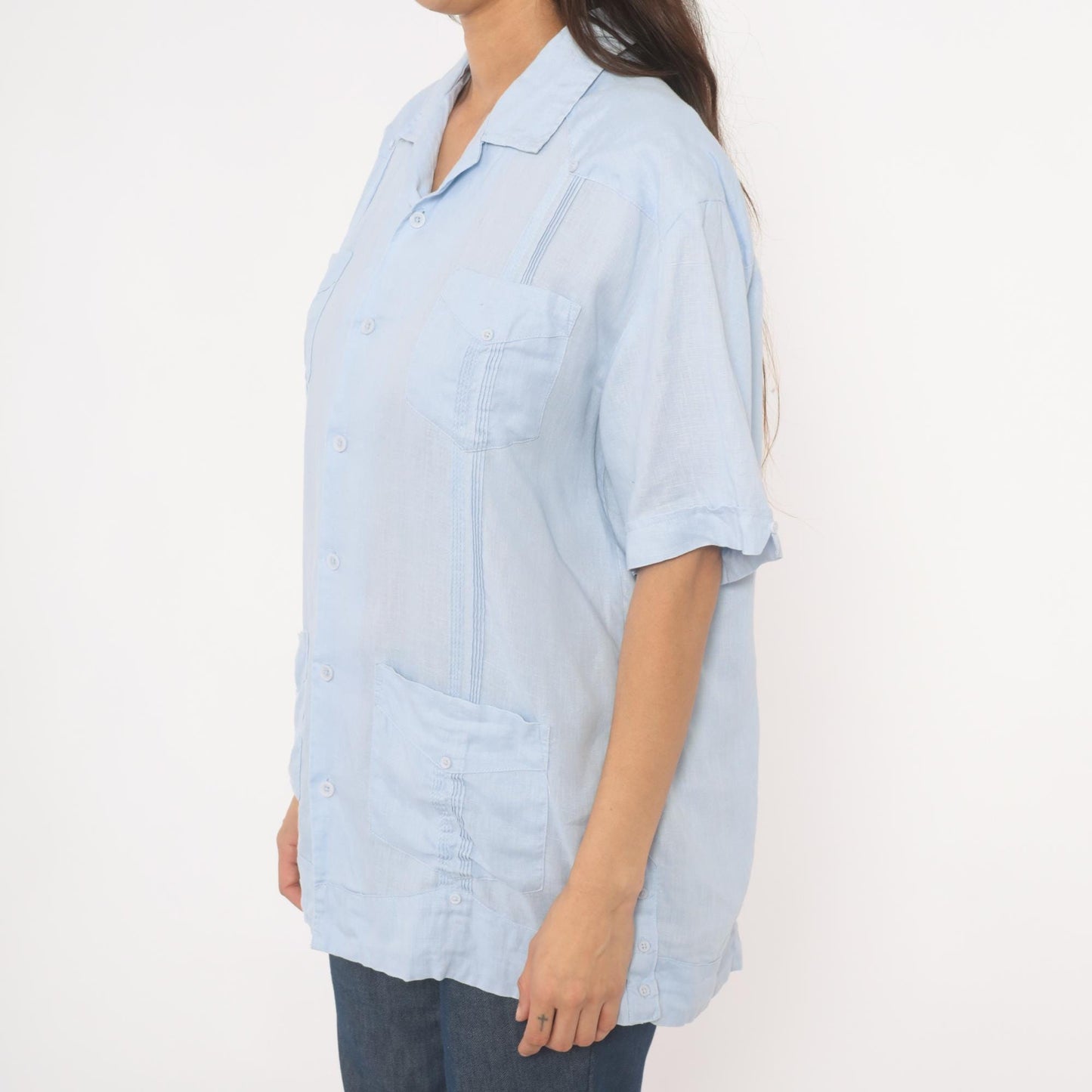 90s Cubavera Powder Blue Linen Camp Collar Shirt Medium M
