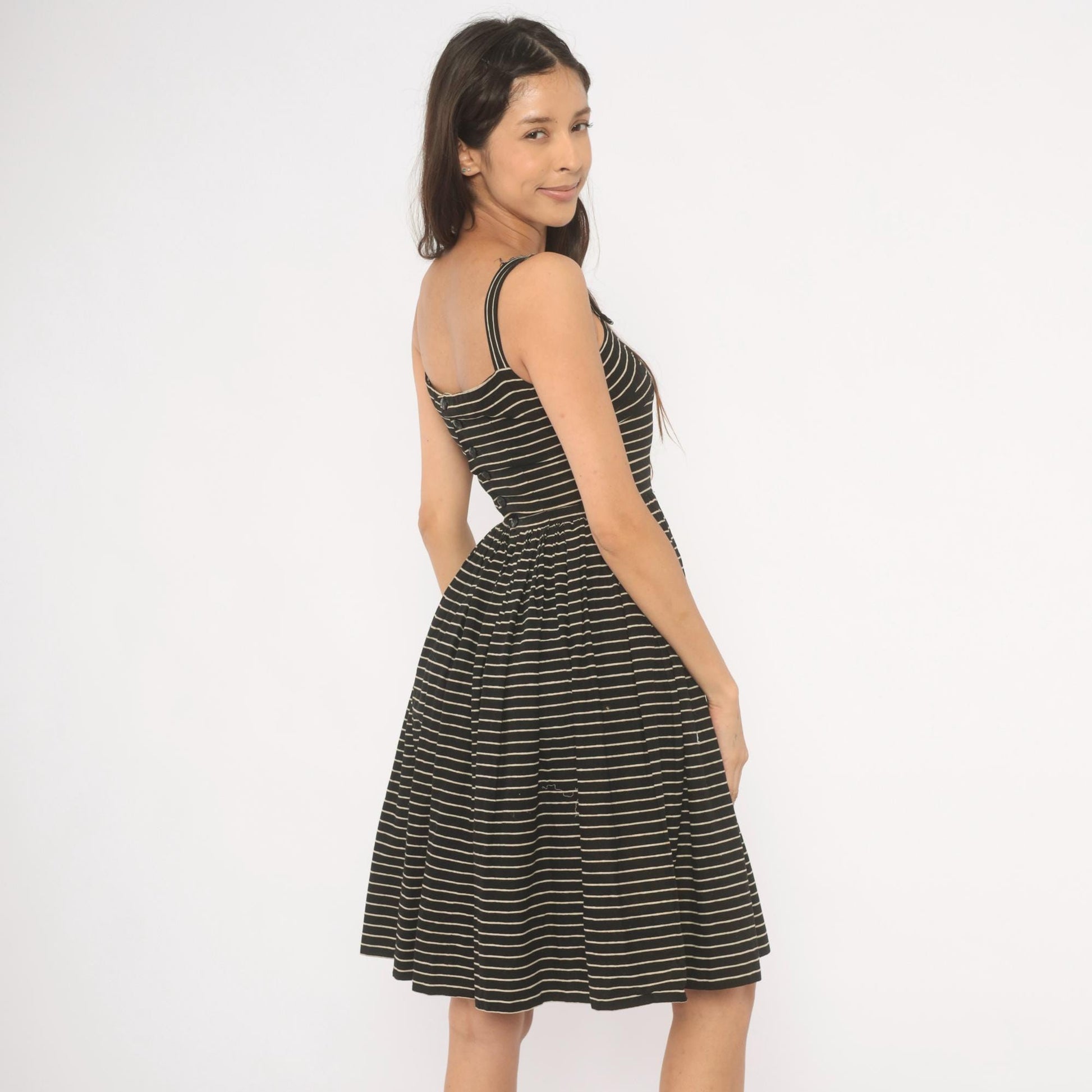 50s Lanz Original Black Pinstripe Sundress Square Neck Spaghetti Strap Extra Small