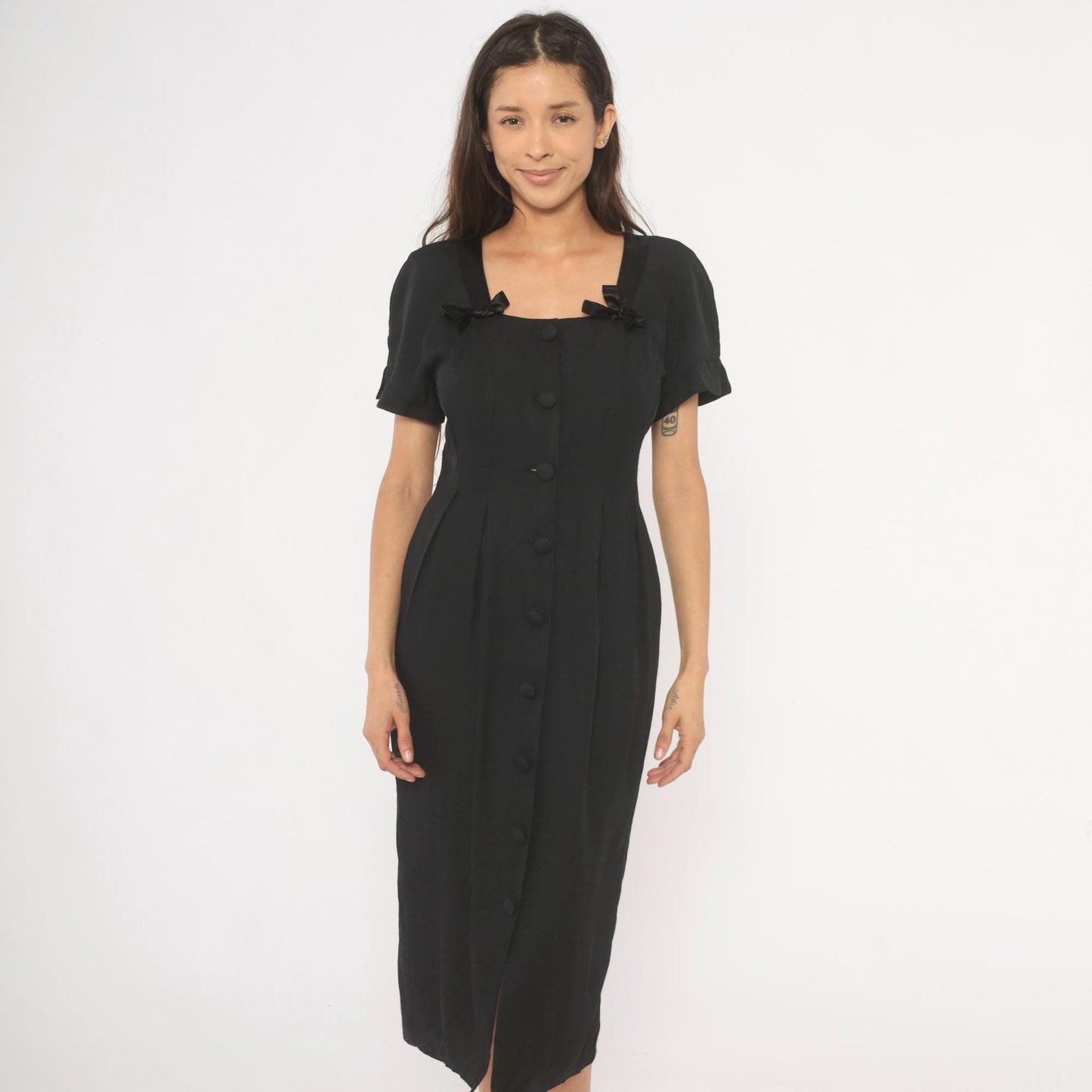 90s Atina by Karon Crosby Black Midi Dress Square Neck Bow Detail Medium