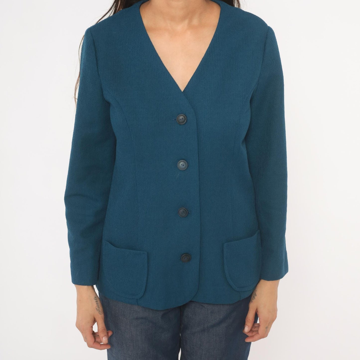 70s Navy Blazer V-Neck Collarless Button-Front Jacket Patch Pockets Small