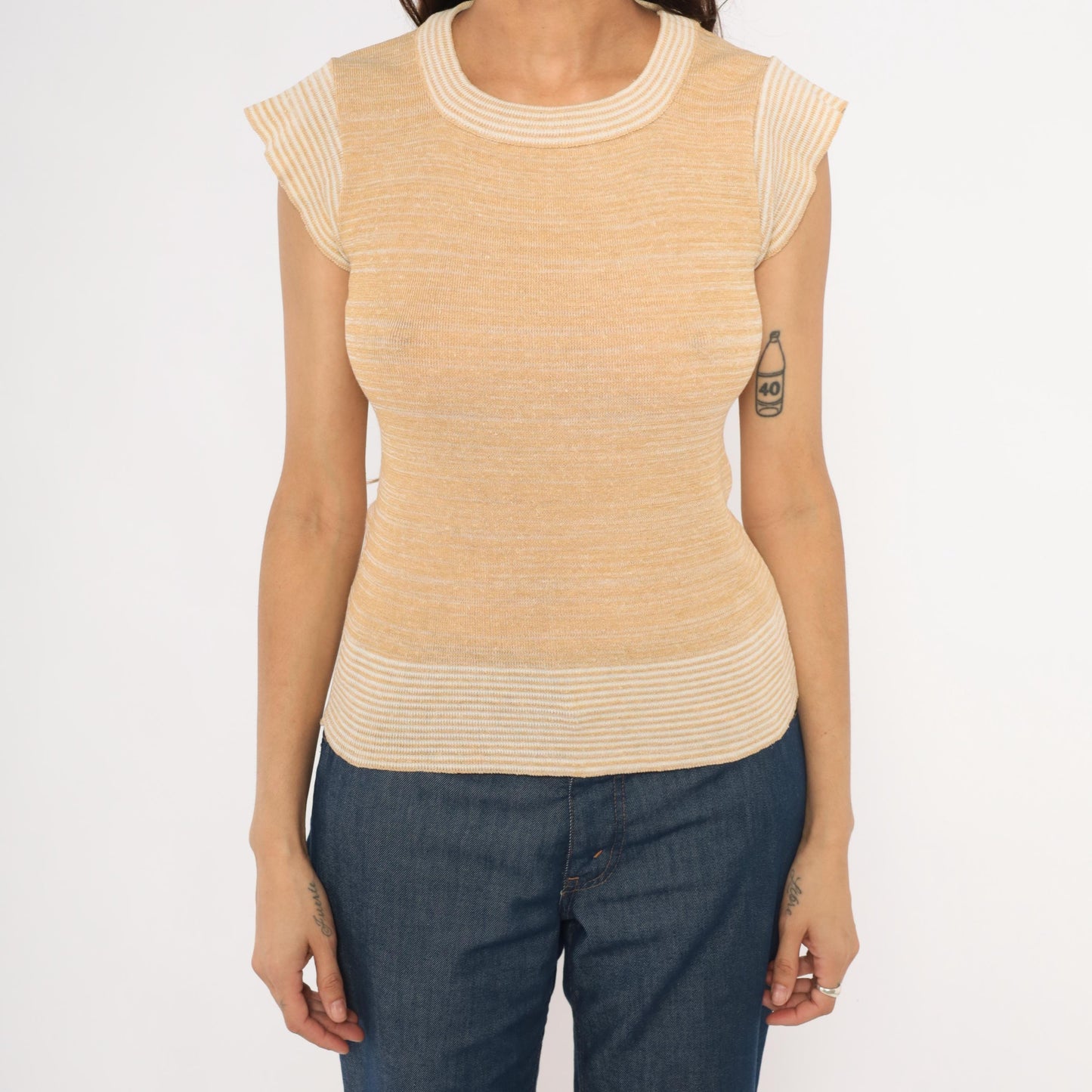 70s Tan Cream Striped Knit Top Cap Sleeve Scoop Neck Small S