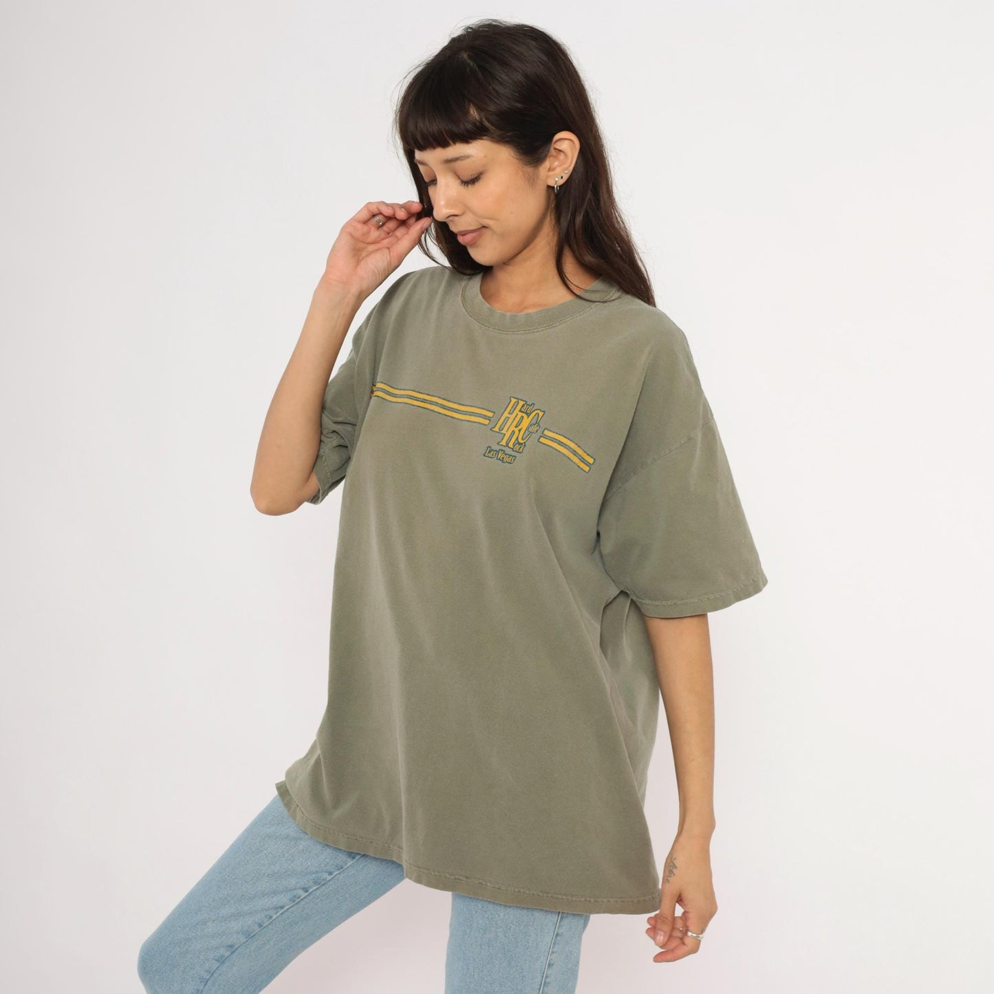 90s Hard Rock Cafe Las Vegas Olive Green Graphic Cotton Tee Extra Large XL
