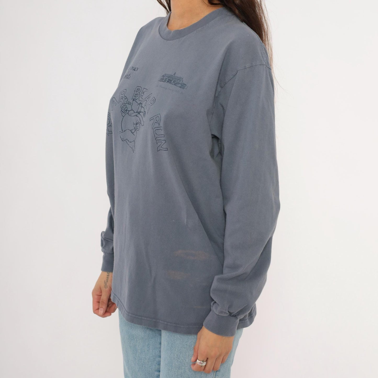 90s Anvil Polar Bear Run Graphic Tee Grey Cotton Long Sleeve Large L