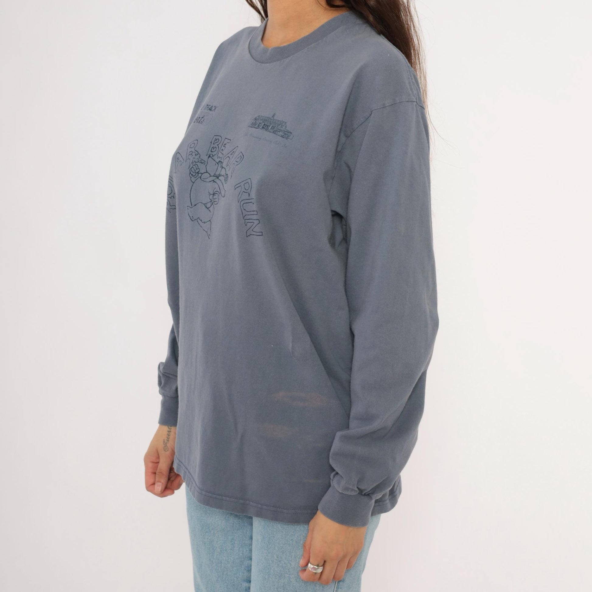 90s Anvil Polar Bear Run Graphic Tee Grey Cotton Long Sleeve Large L