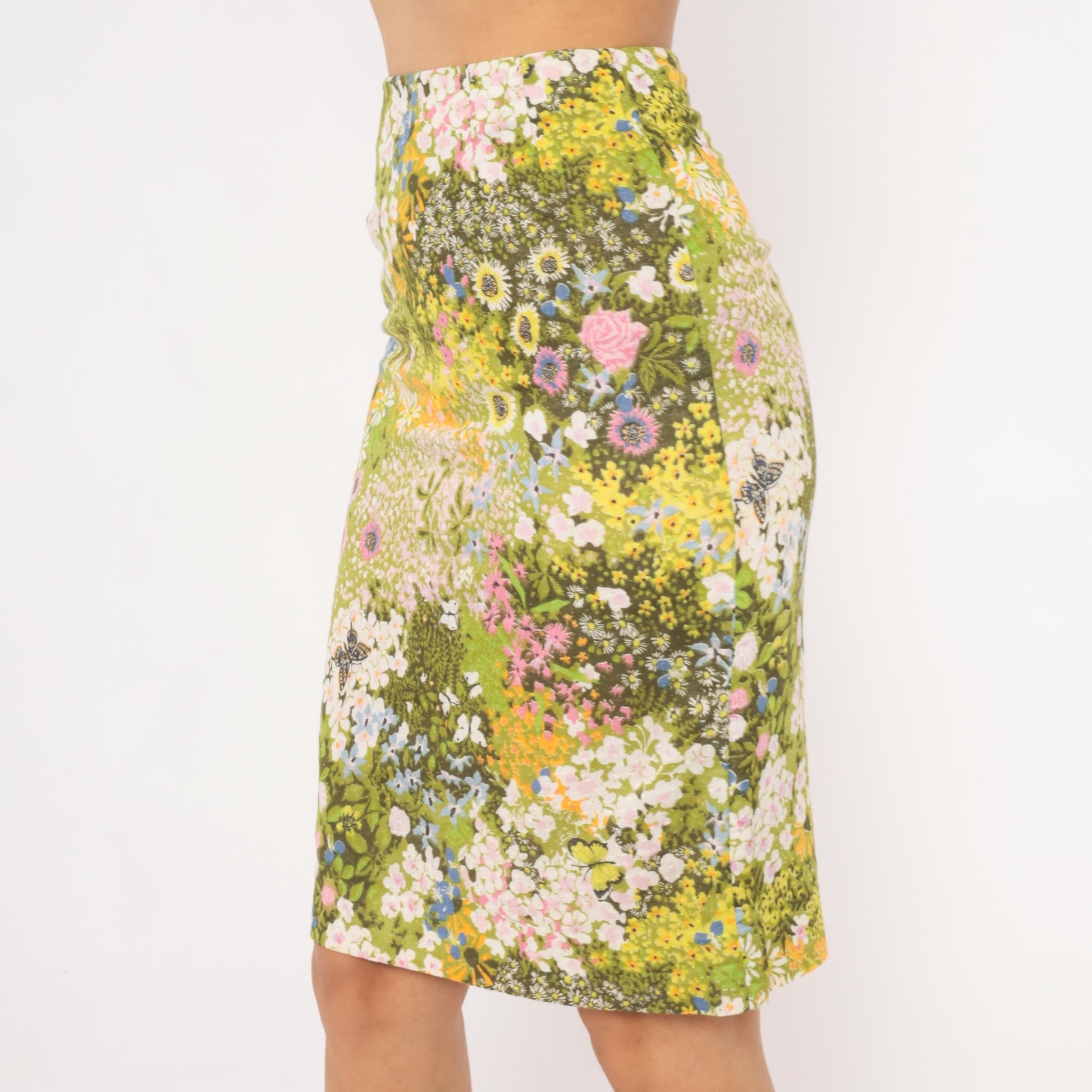 70s Wildflower Garden Pencil Skirt Green Floral Butterfly Print Knee Length Small