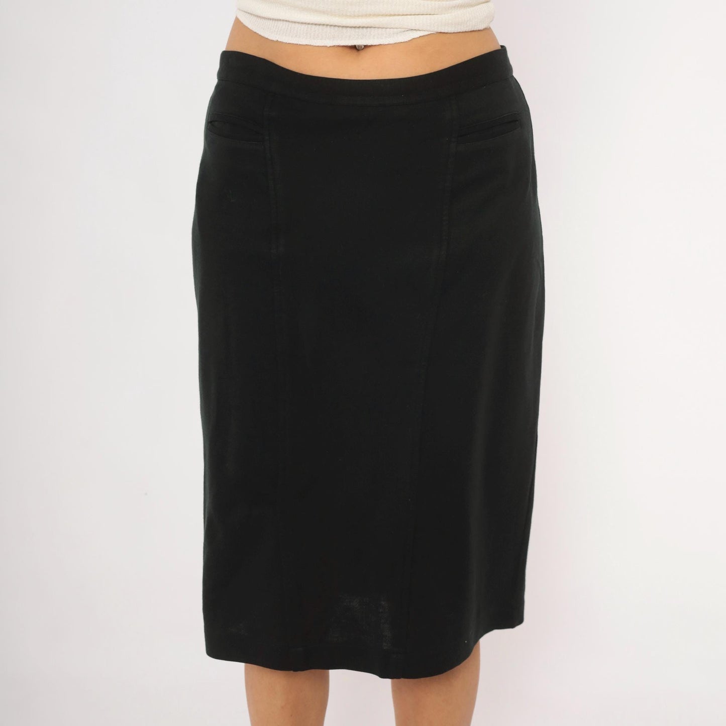 90s Forenza Black Pencil Skirt Knee Length Fitted Welt Pockets Medium
