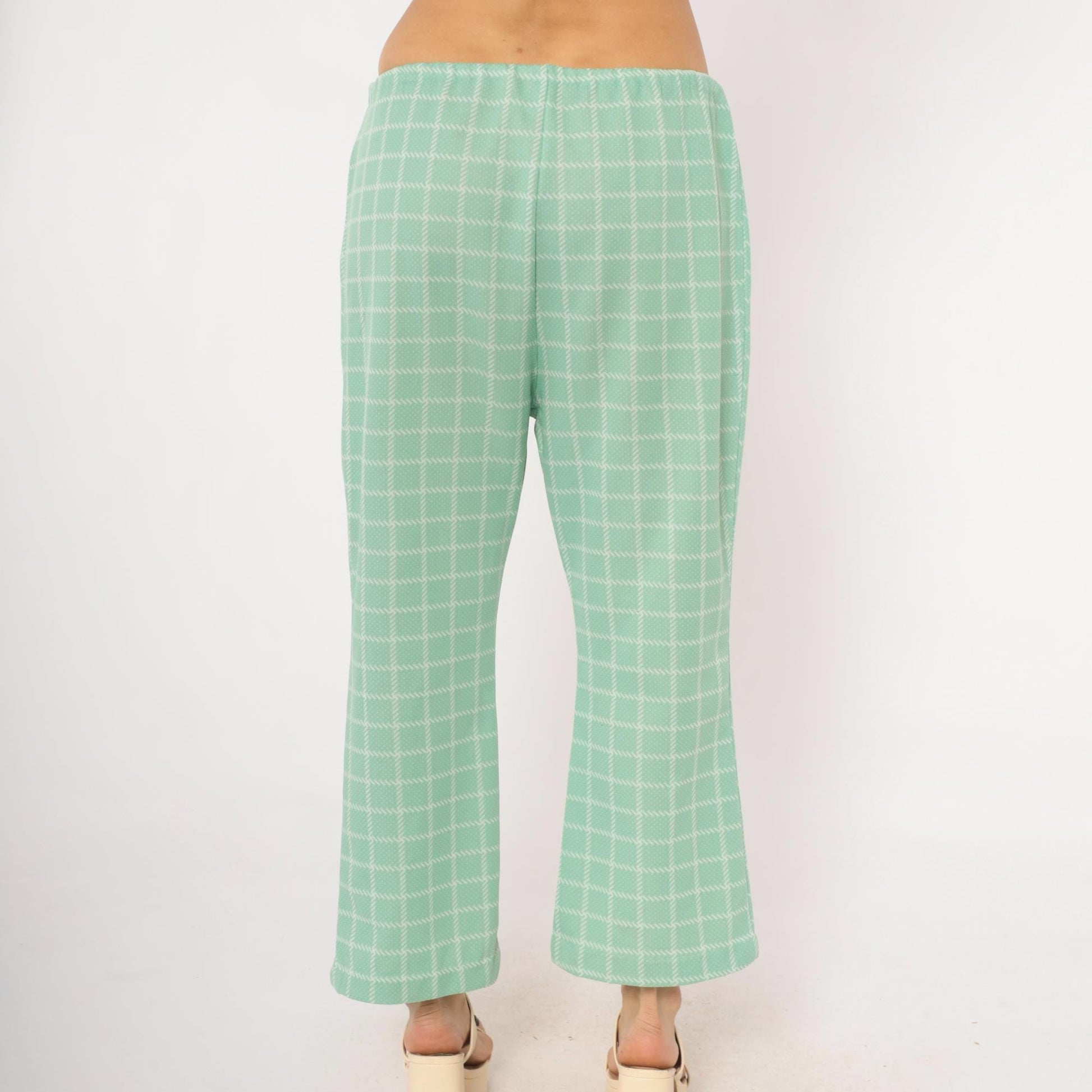 70s Mint Plaid Kick Flare Pants White Windowpane Grid Cropped Medium Large