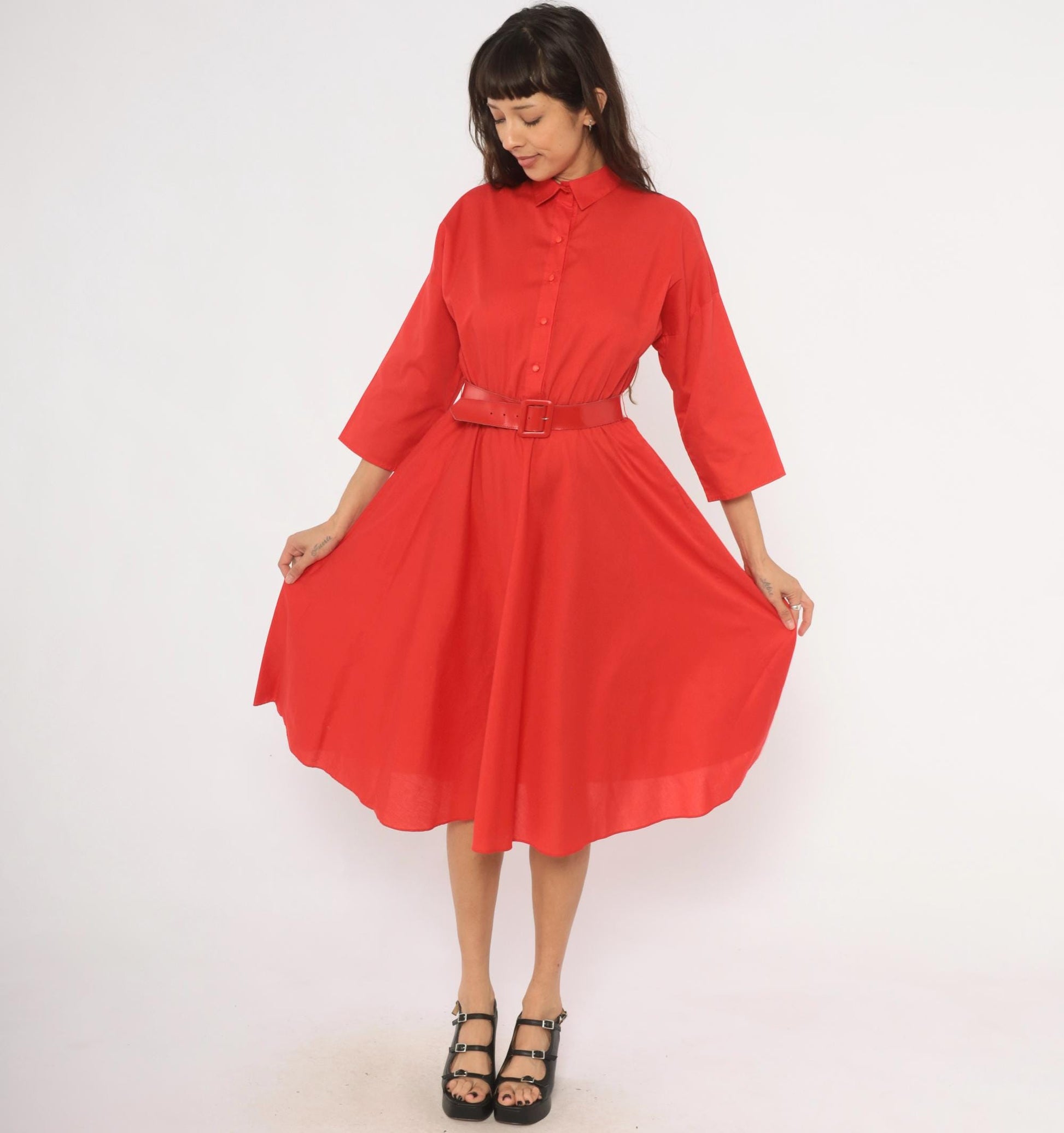 80s The American Shirt Dress Red Midi Button-Front Belted Waist Medium M