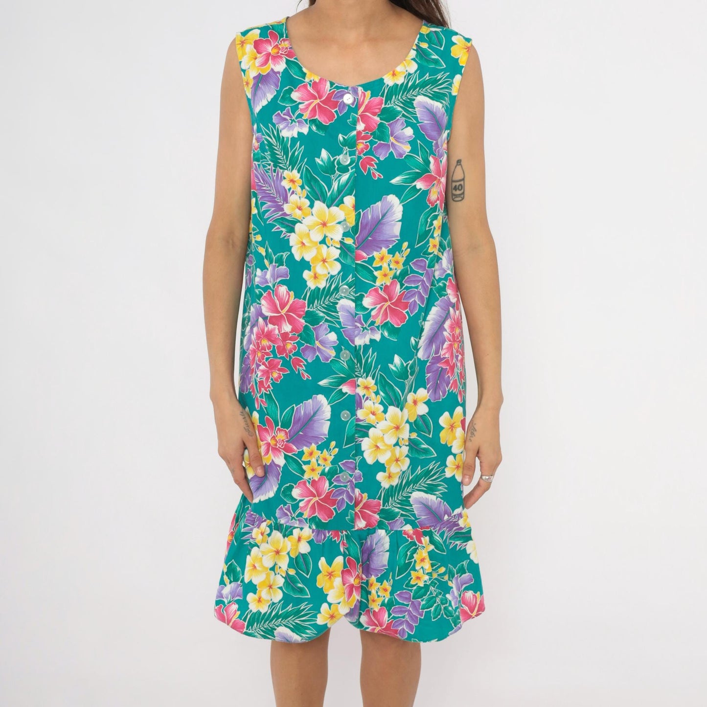 80s Kayla G Tropical Floral Sundress Teal Hawaiian Shift Knee-Length Extra Large XL