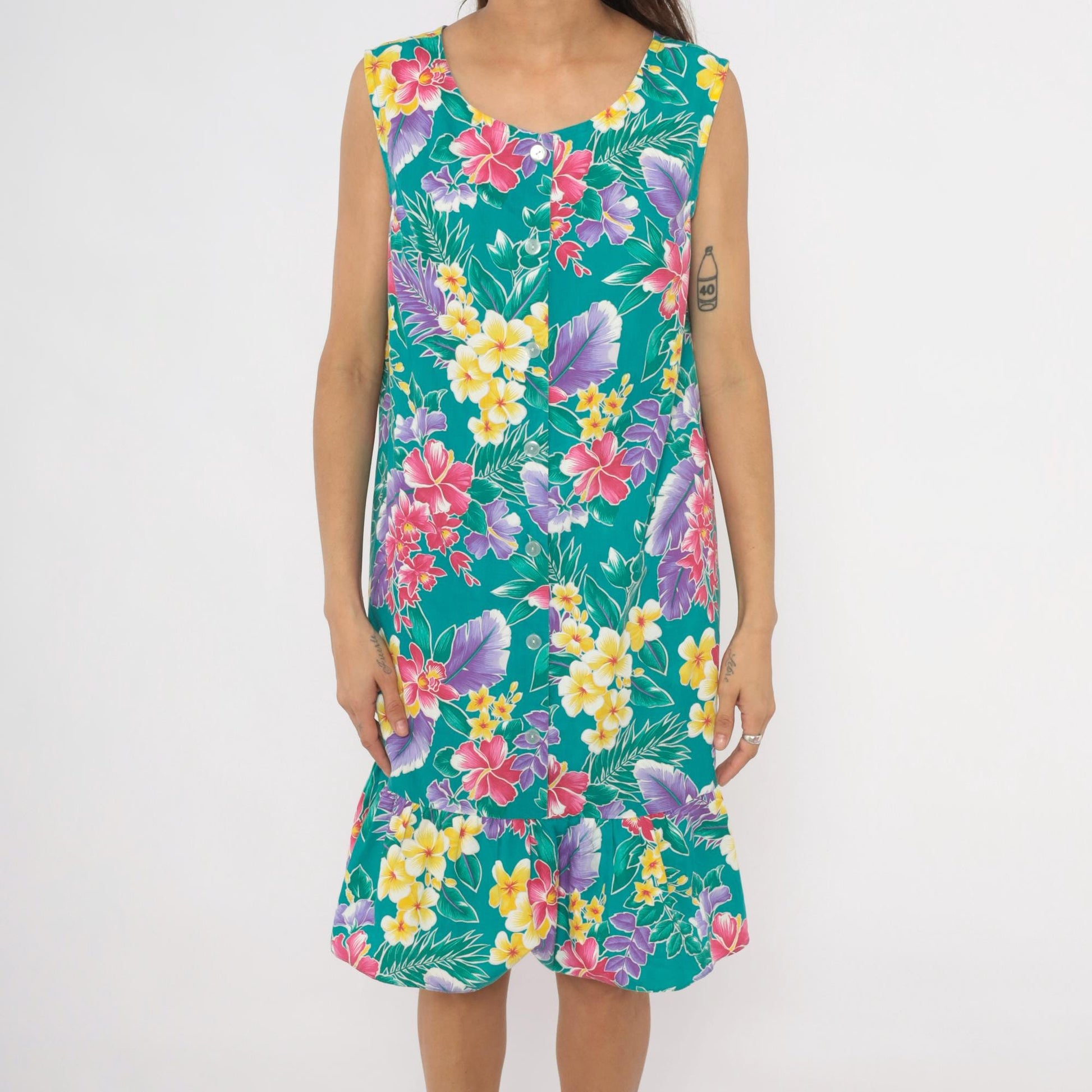 80s Kayla G Tropical Floral Sundress Teal Hawaiian Shift Knee-Length Extra Large XL