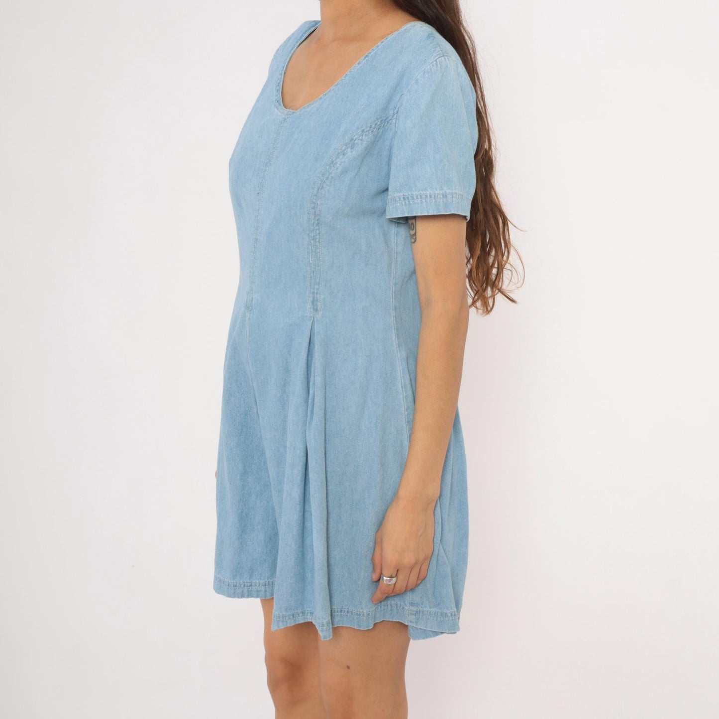 90s Styleworks Denim Romper Light Blue Scoop Neck Pleated Waist Medium M