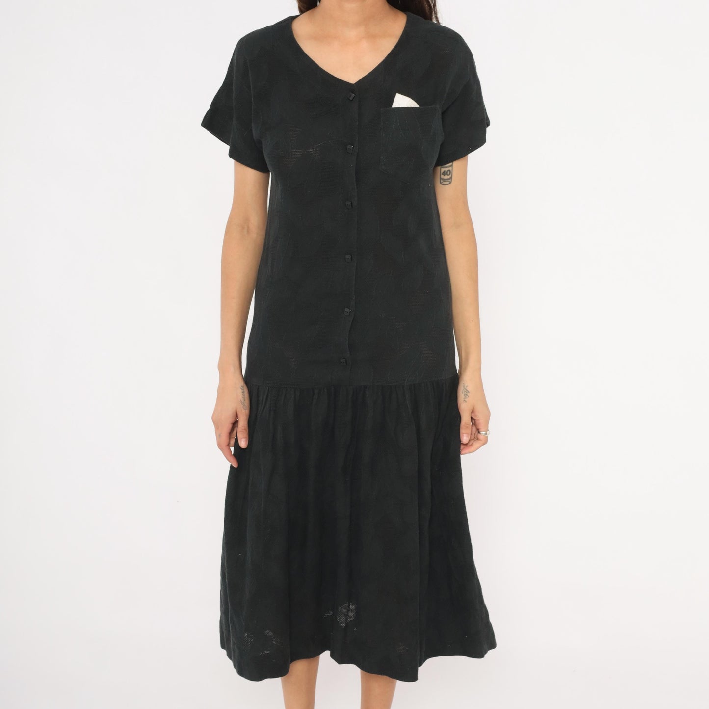 90s Black Cotton Midi Dress Button Front V Neck Drop Waist Small S