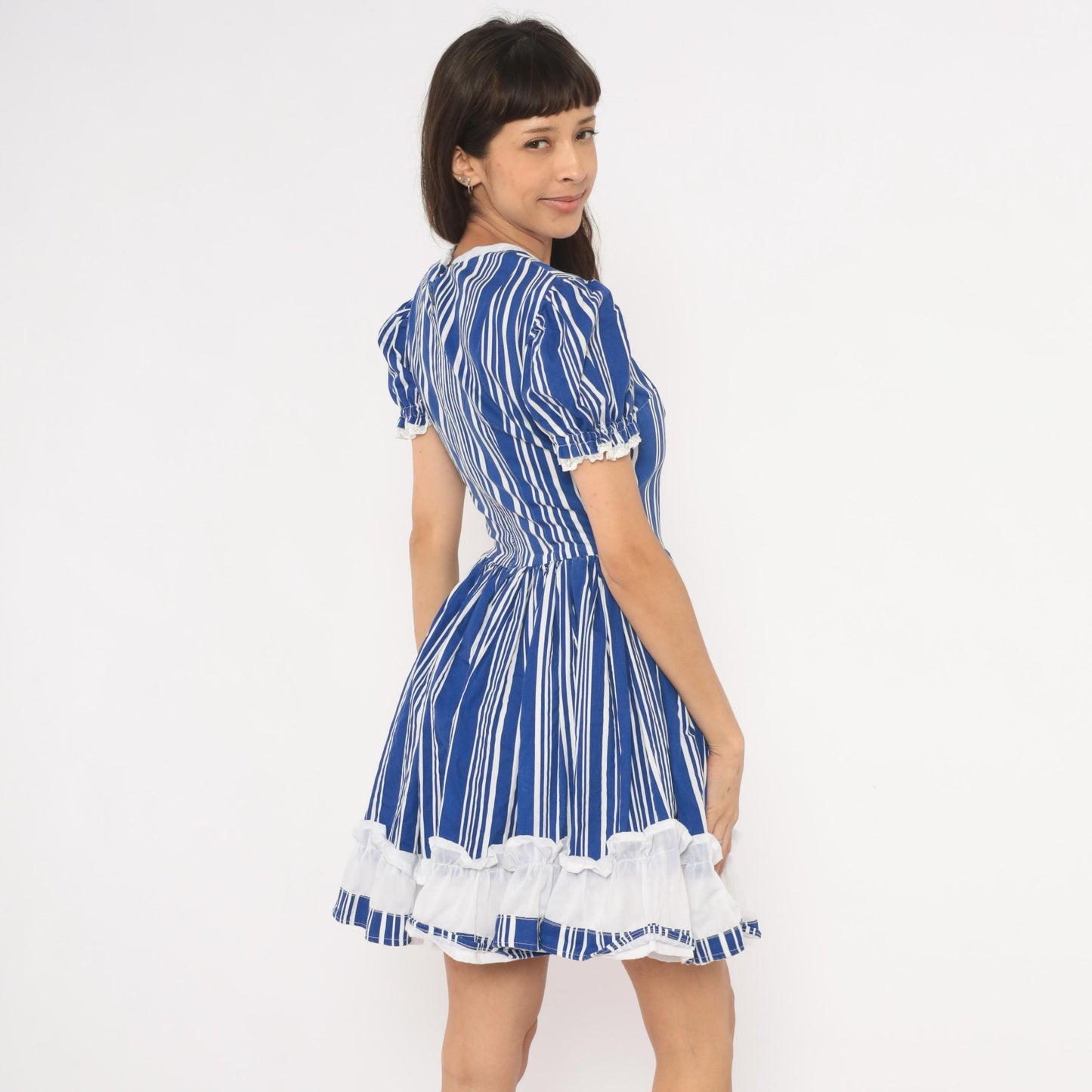 70s Striped Puff Sleeve Mini Dress Blue White Cotton Gathered Skirt Small S