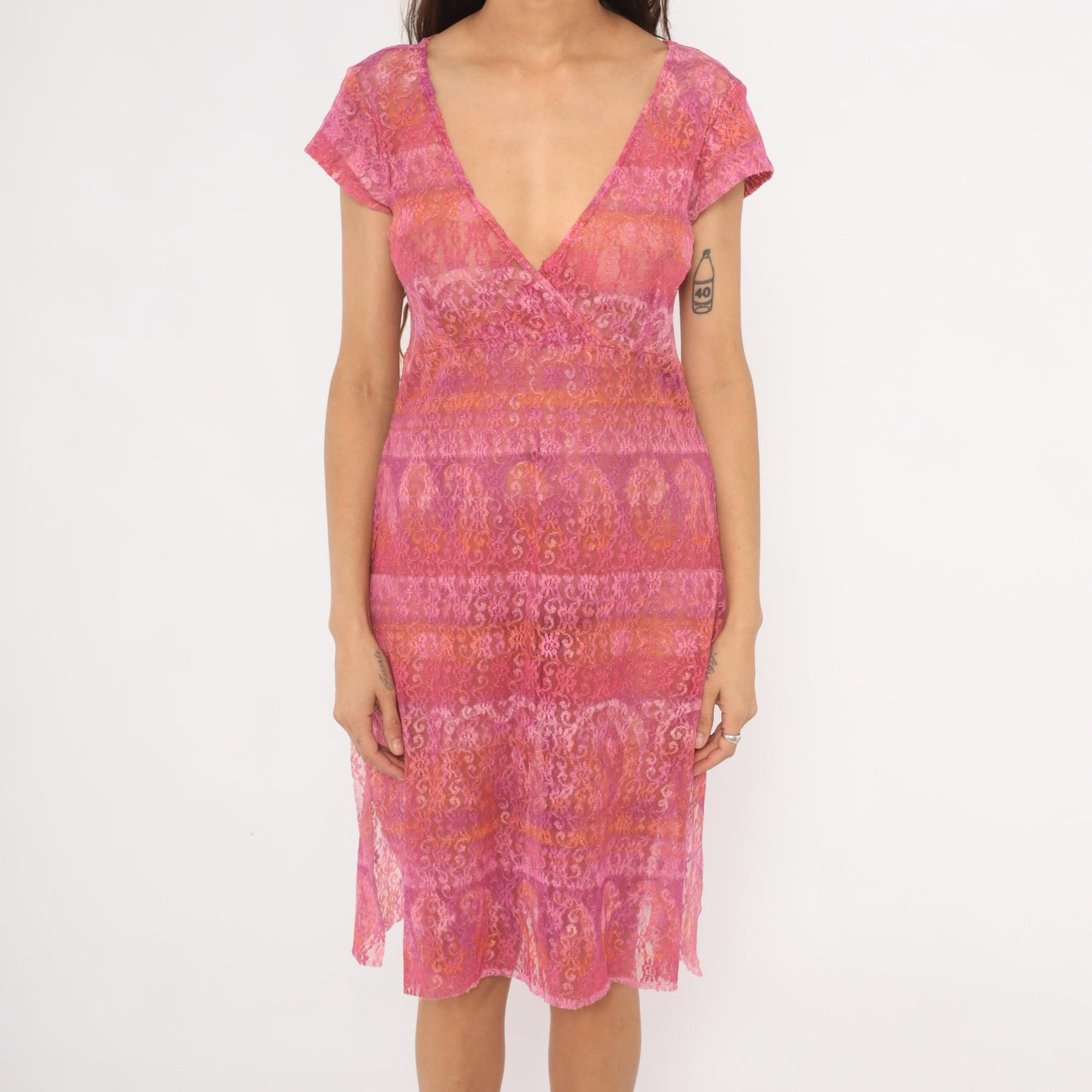 2000s Pink Ombre Floral Lace Dress V-Neck Wrap Bodice Knee Length Extra Large