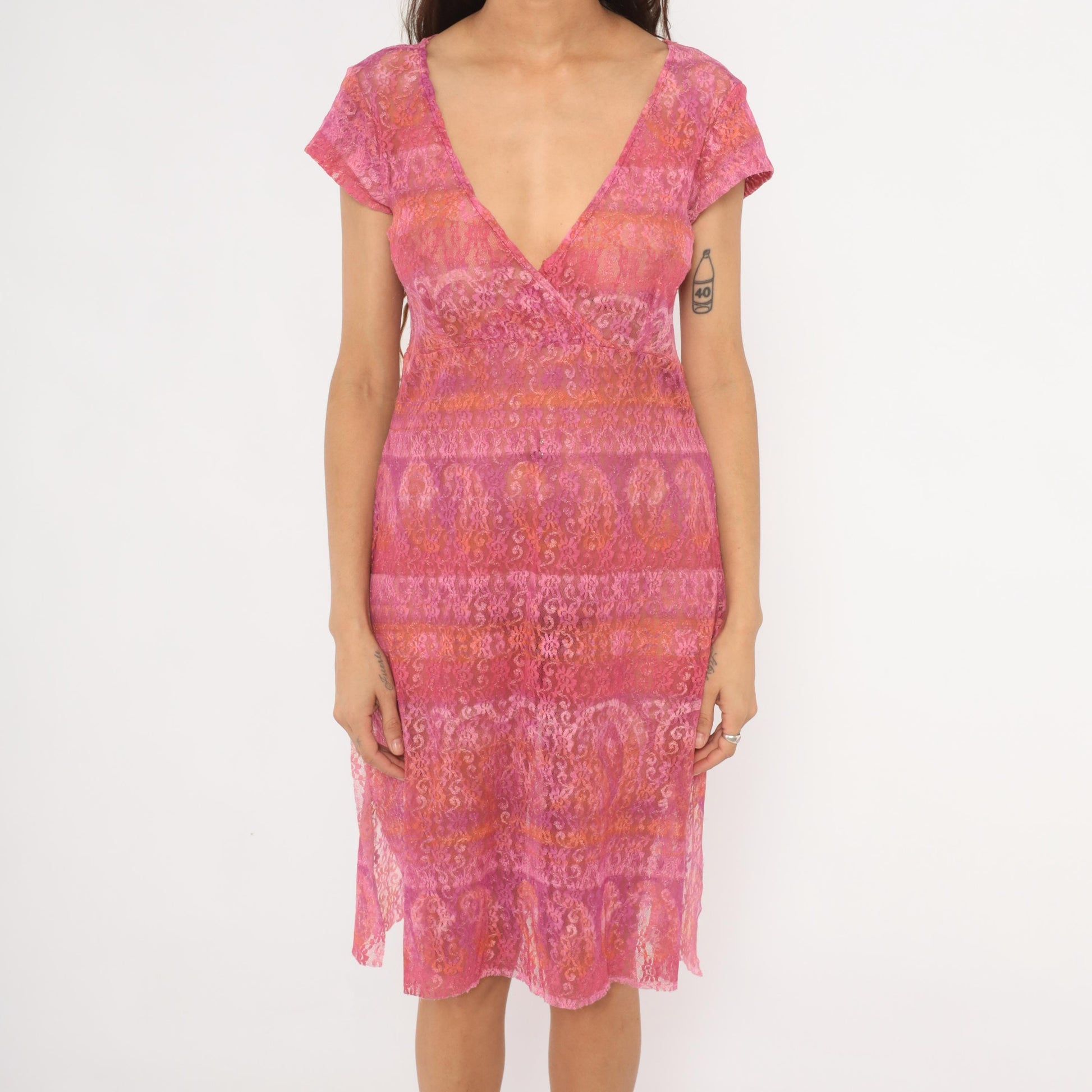 2000s Pink Ombre Floral Lace Dress V-Neck Wrap Bodice Knee Length Extra Large