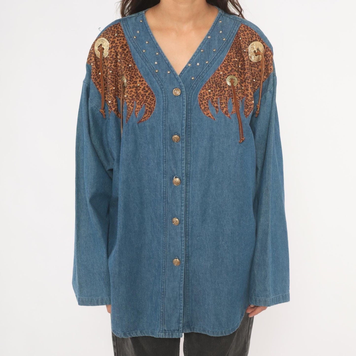 80s Western Leopard Denim Shirt Cotton Studded V-Neck Concho Fringe Large L