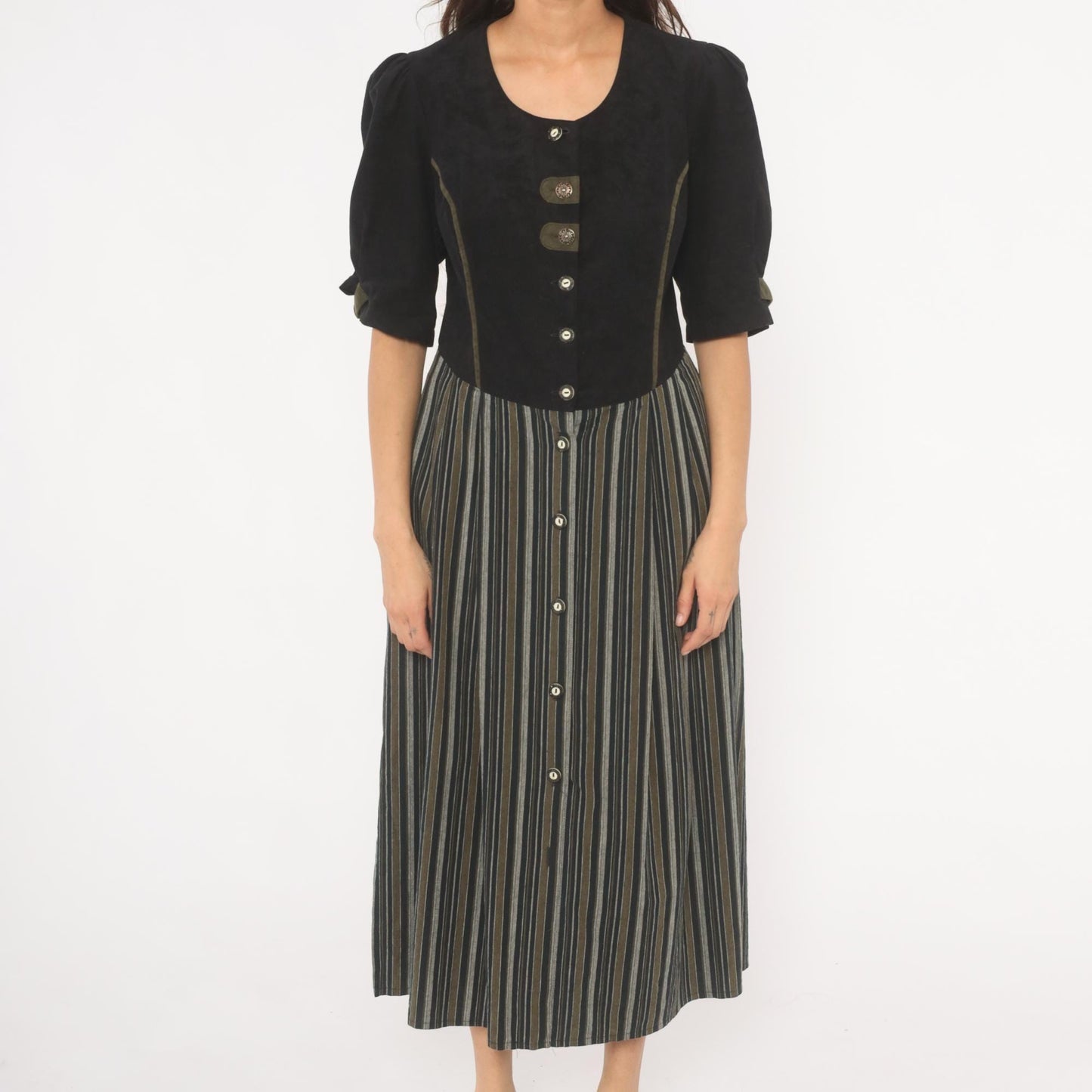 90s Folk Line Dirndl Dress Black Olive Striped Midi Puff Sleeve Extra Large