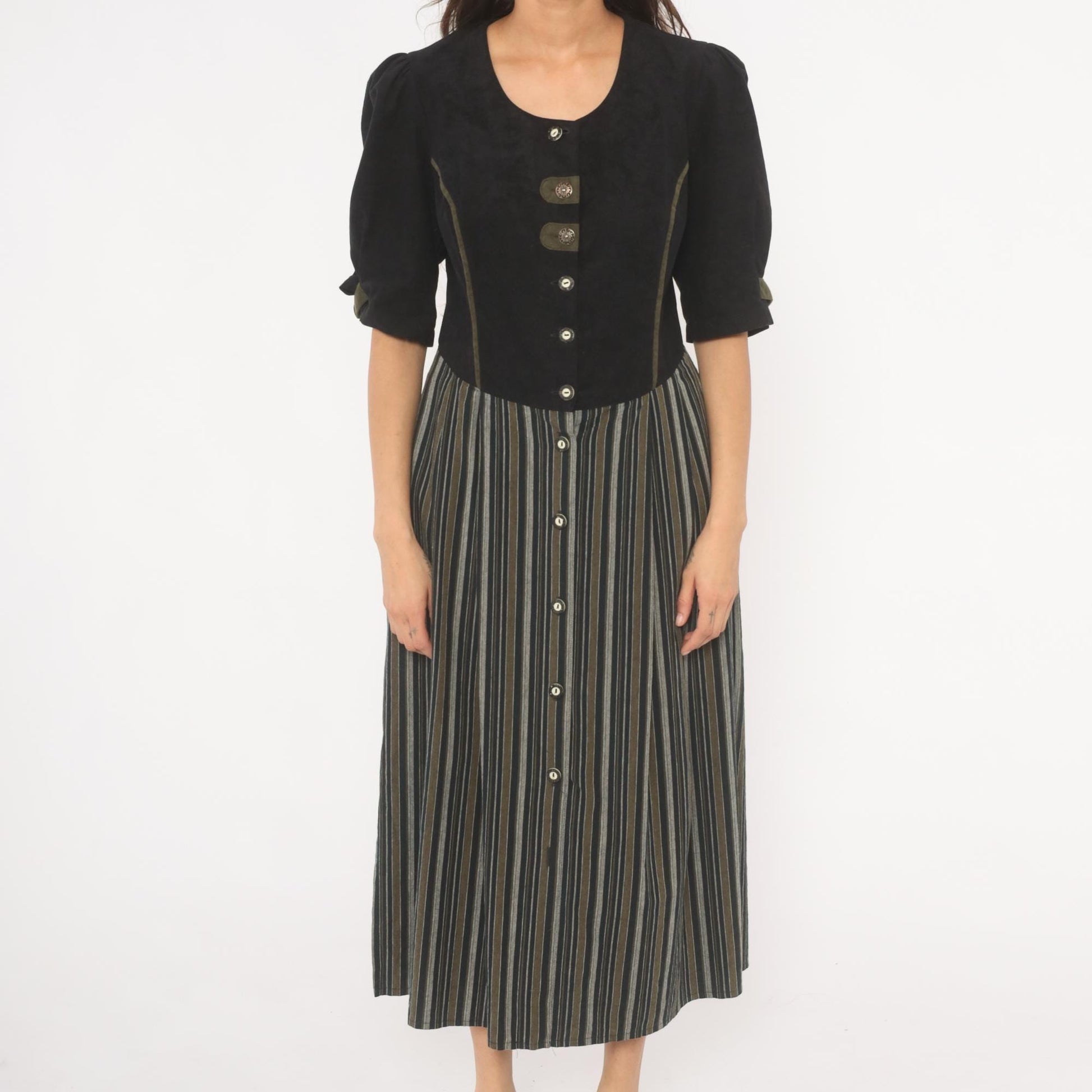 90s Folk Line Dirndl Dress Black Olive Striped Midi Puff Sleeve Extra Large
