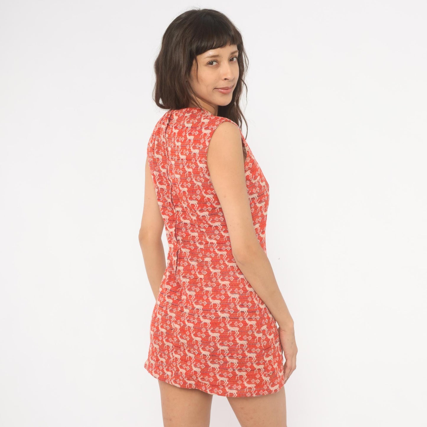 70s Deer Jacquard Mini Dress Red Cream Shift Knit Small S