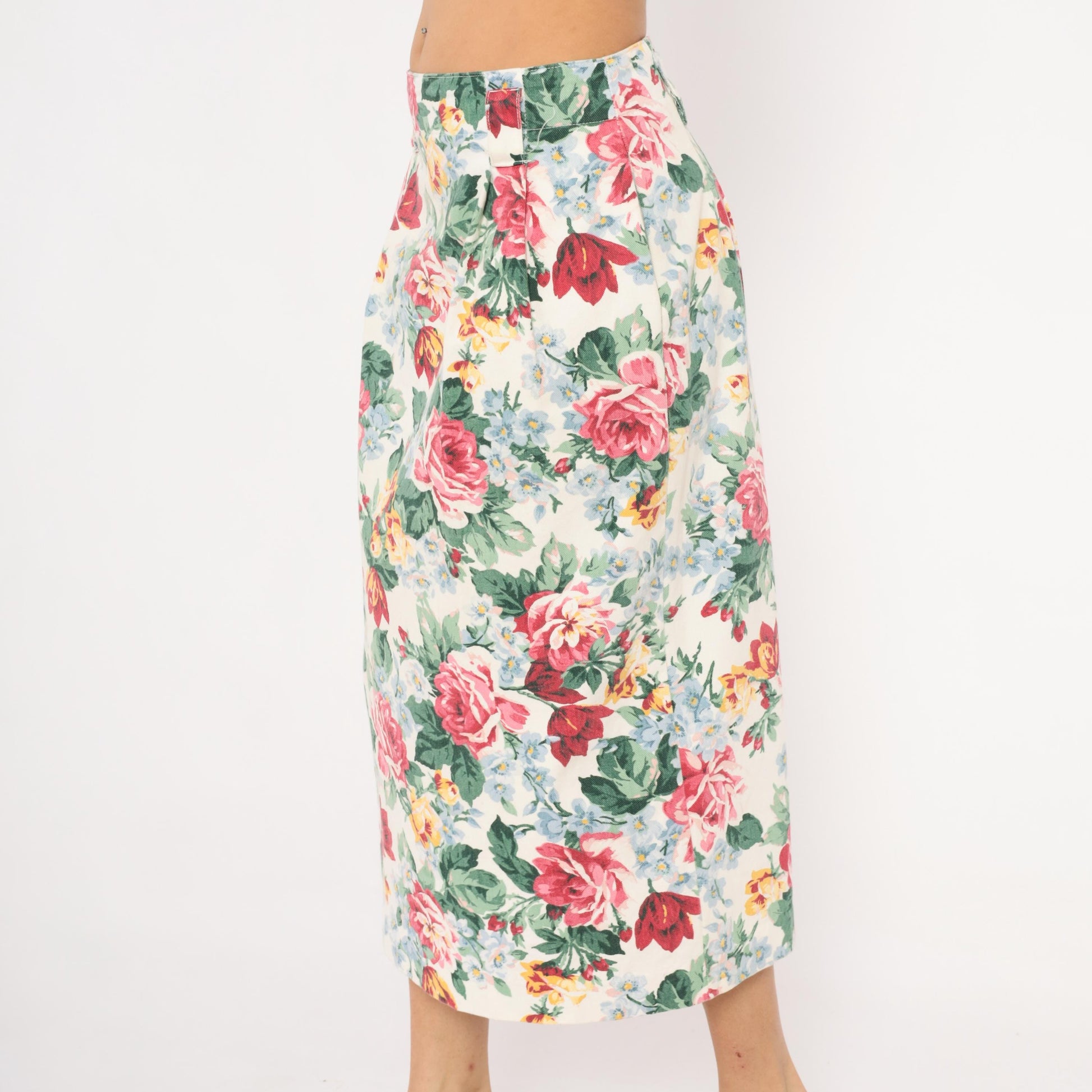 90s Gotcha Covered Floral Pencil Skirt Cream Rose Print Cotton Medium L