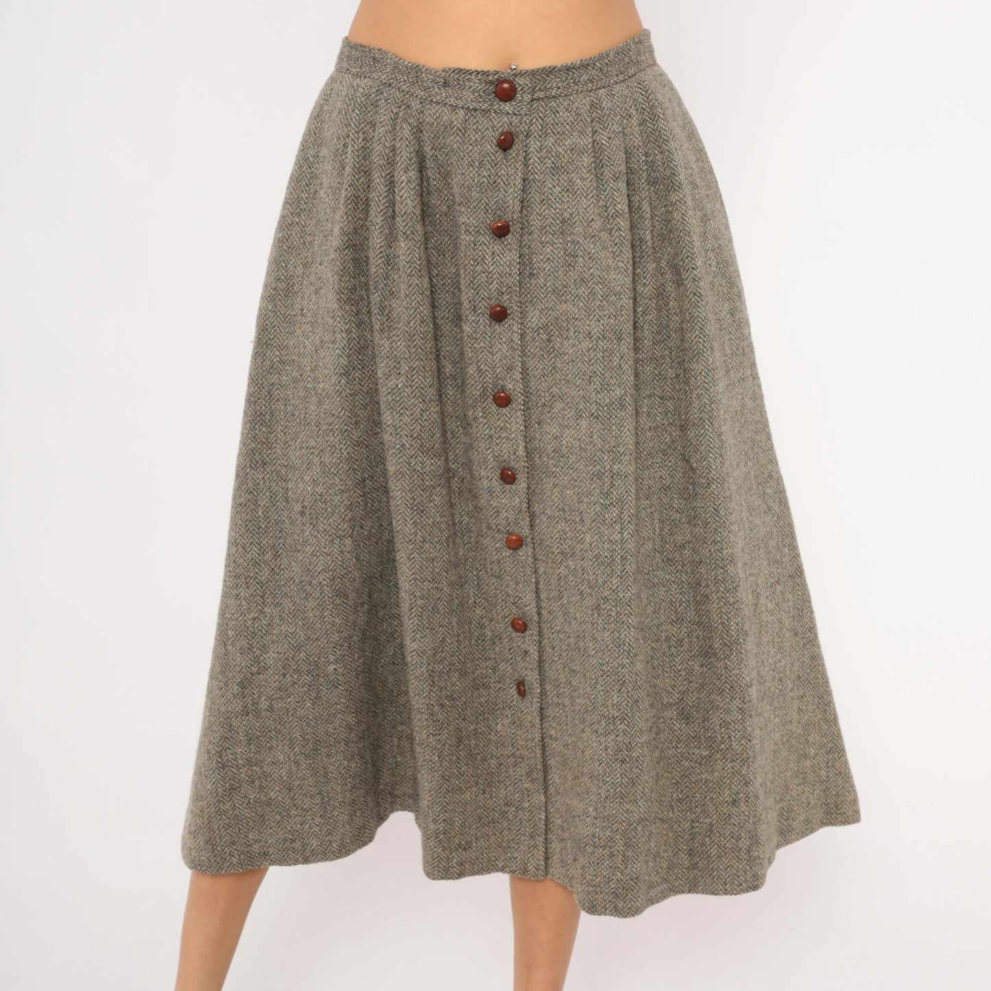 80s David Brooks Wool Herringbone Midi Skirt Grey Tan Pleated Medium L