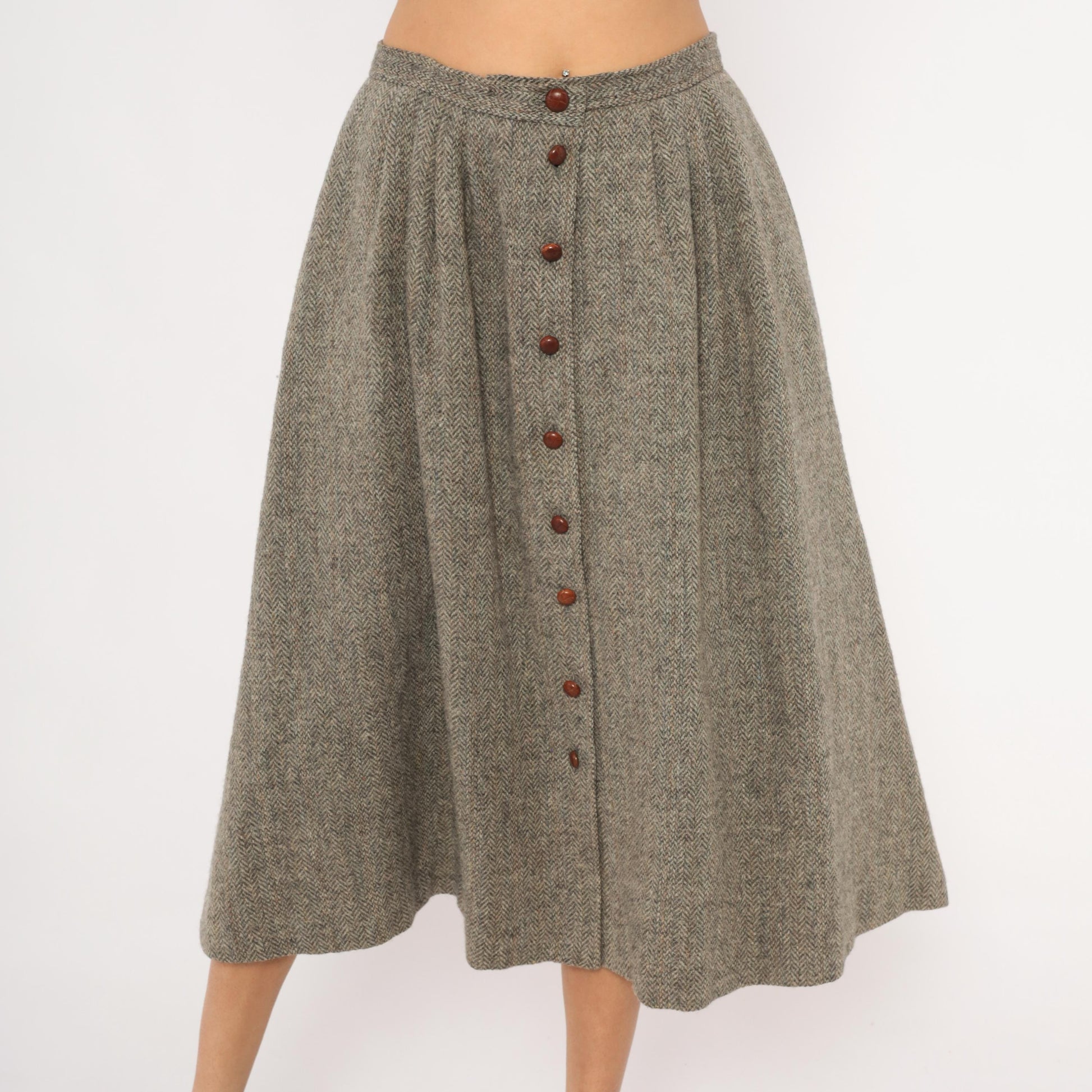 80s David Brooks Wool Herringbone Midi Skirt Grey Tan Pleated Medium L