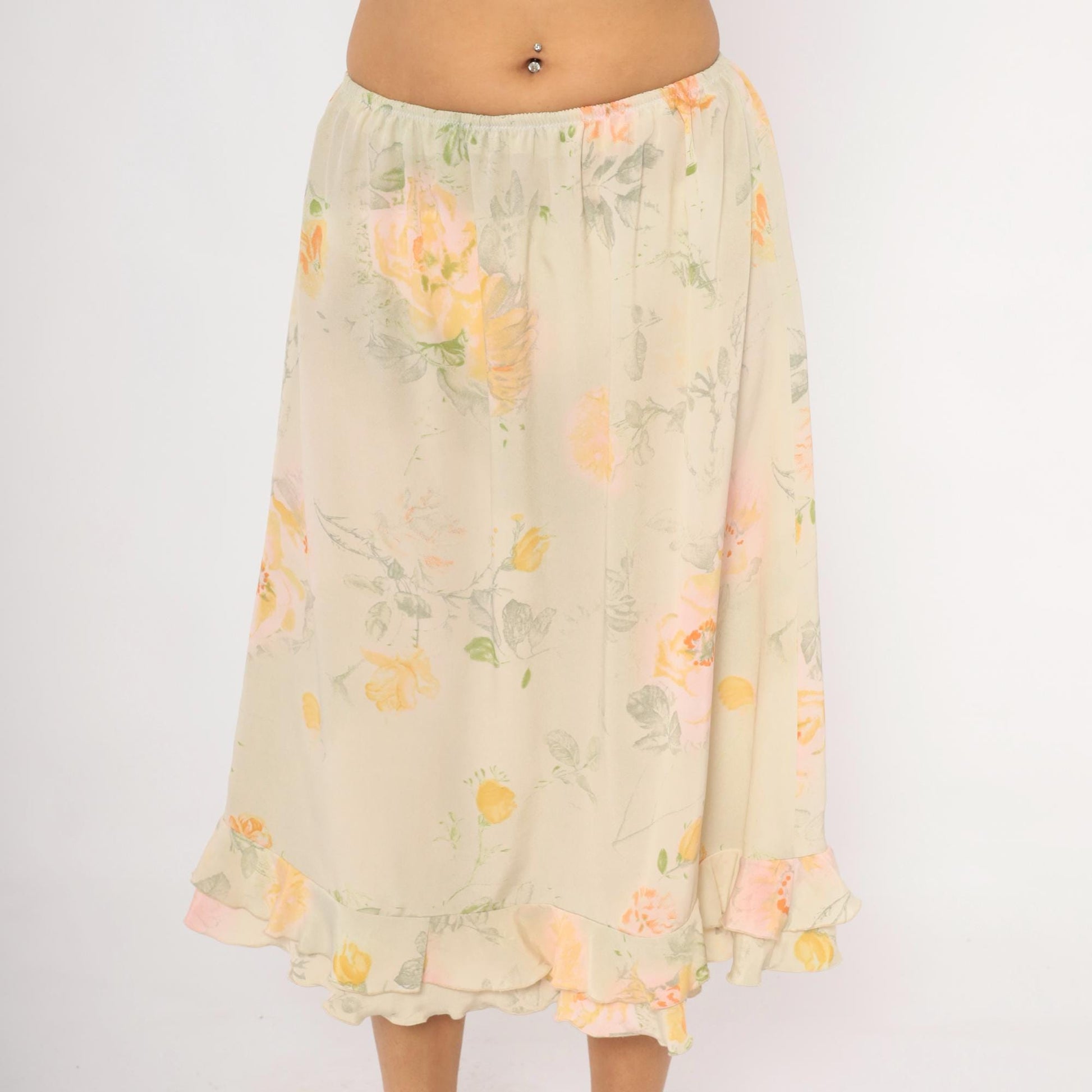90s Watercolor Floral Midi Skirt Ruffle Hem Cream Peach Sage Green Small
