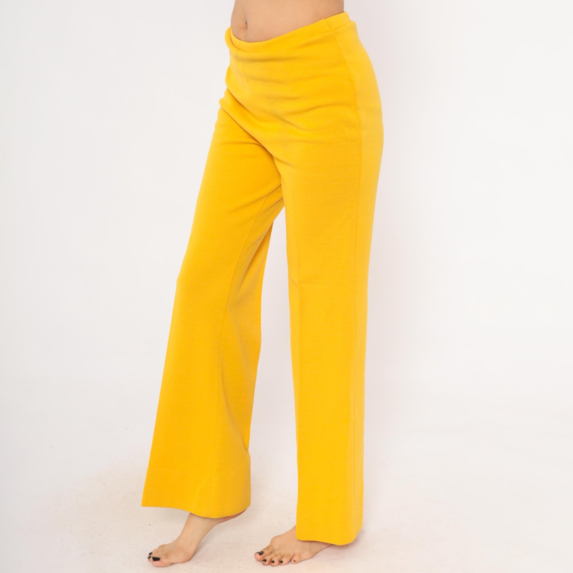 70s Mustard Wide Leg Trousers Pull-On Wool Blend High Waist Straight Leg Large L