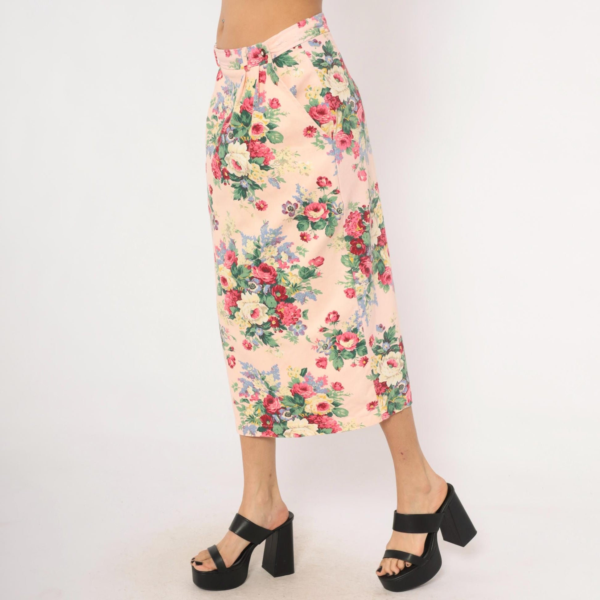 90s On The Verge Floral Midi Pencil Skirt Pink Cotton Large L