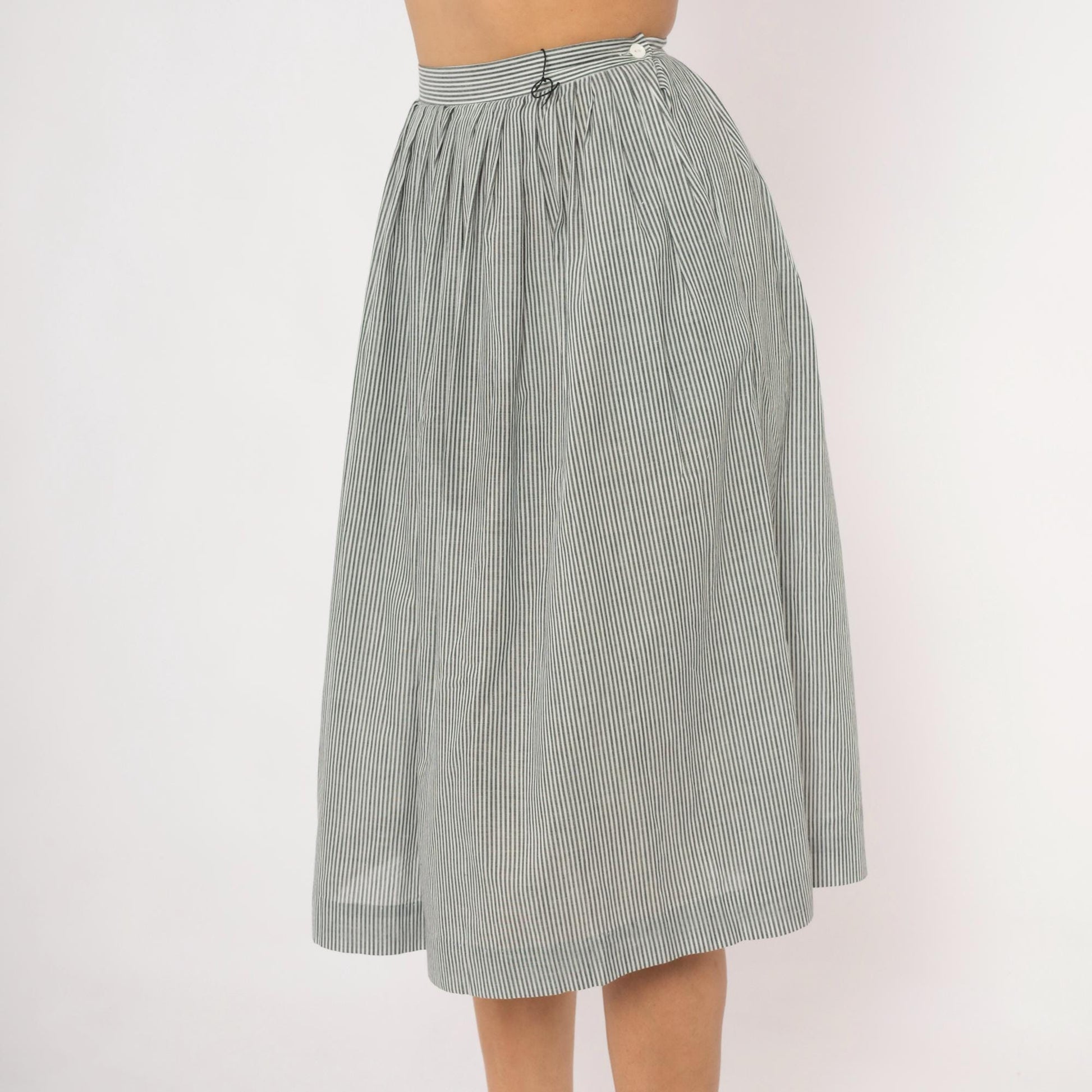 80s NR1 Grey Pinstripe Gathered Skirt Cotton Pleated High-Waisted Extra Small