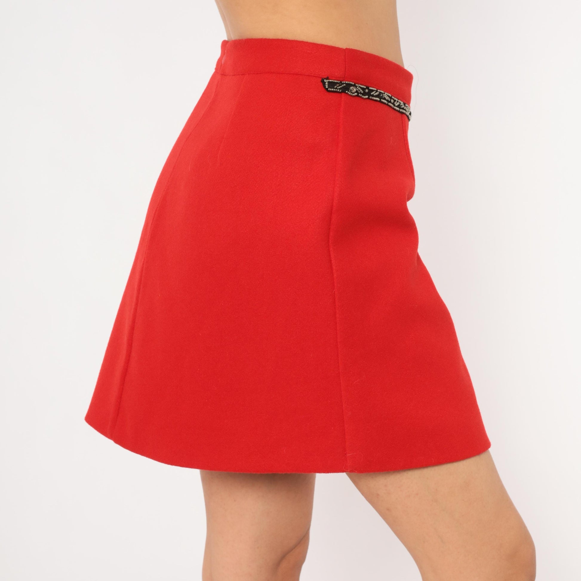 Y2K Red A-Line Mini Skirt Beaded Bow Waistband Large L